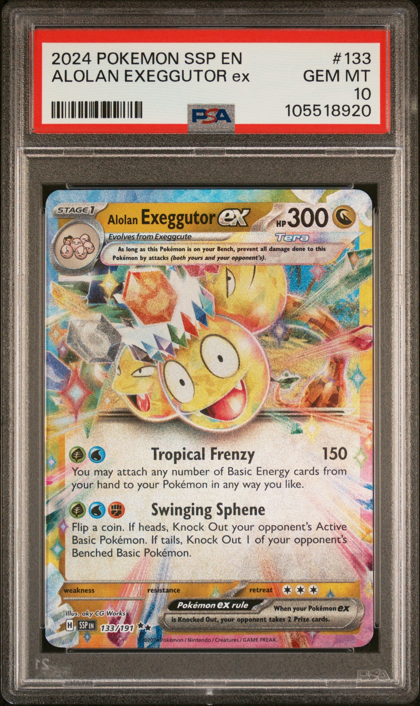 ALOLAN EXEGGUTOR EX 133/191 Common POKEMON SSP EN-SURGING SPARKS PSA10 GEM MT 10 PSA population 201 <a href=https://www.psacard.com/cert/105518920/psa>https://www.psacard.com/cert/105518920/psa</a>
