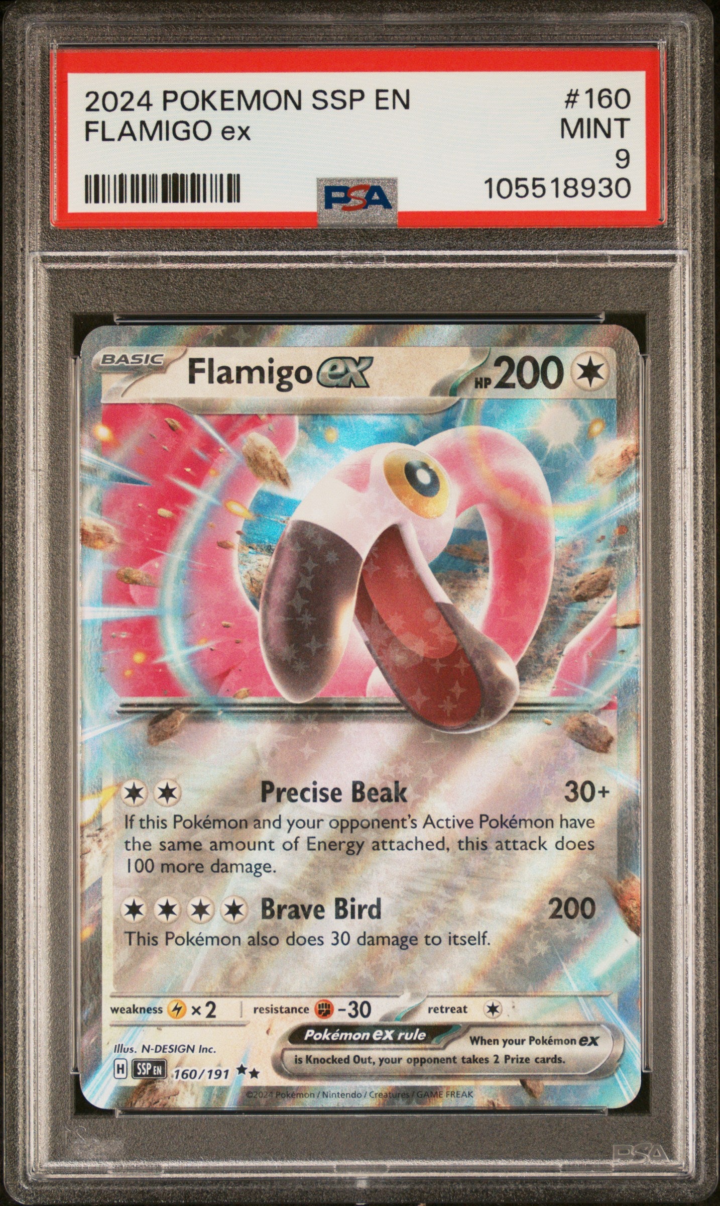 FLAMIGO EX 160/191 Common POKEMON SSP EN-SURGING SPARKS PSA9 MINT 9 PSA population 55 <a href=https://www.psacard.com/cert/105518930/psa>https://www.psacard.com/cert/105518930/psa</a>