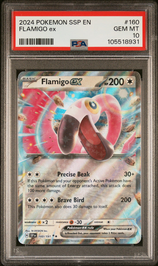FLAMIGO EX 160/191 Common POKEMON SSP EN-SURGING SPARKS PSA10 GEM MT 10 PSA population 33 <a href=https://www.psacard.com/cert/105518931/psa>https://www.psacard.com/cert/105518931/psa</a>