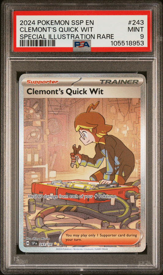 CLEMONT'S QUICK WIT 243/191 Common POKEMON SSP EN-SURGING SPARKS SPECIAL ILLUSTRATION RARE PSA9 MINT 9 PSA population 545 <a href=https://www.psacard.com/cert/105518953/psa>https://www.psacard.com/cert/105518953/psa</a>