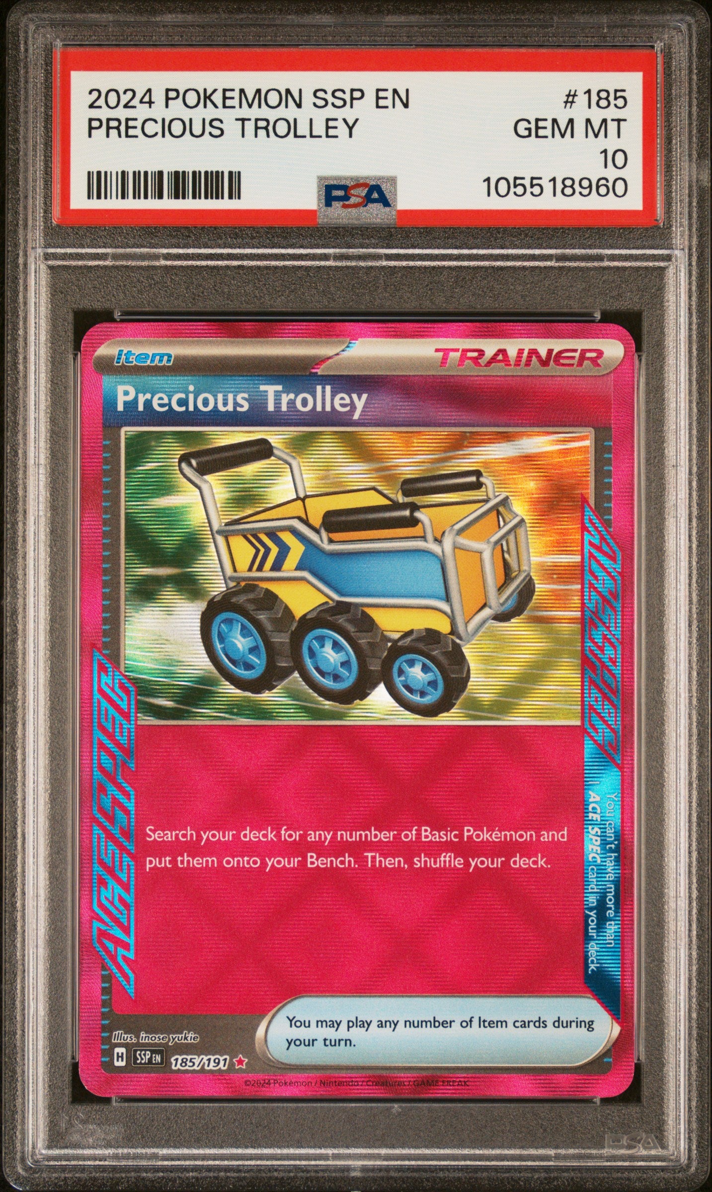 PRECIOUS TROLLEY 185/191 Common POKEMON SSP EN-SURGING SPARKS PSA10 GEM MT 10 PSA population 49 <a href=https://www.psacard.com/cert/105518960/psa>https://www.psacard.com/cert/105518960/psa</a>