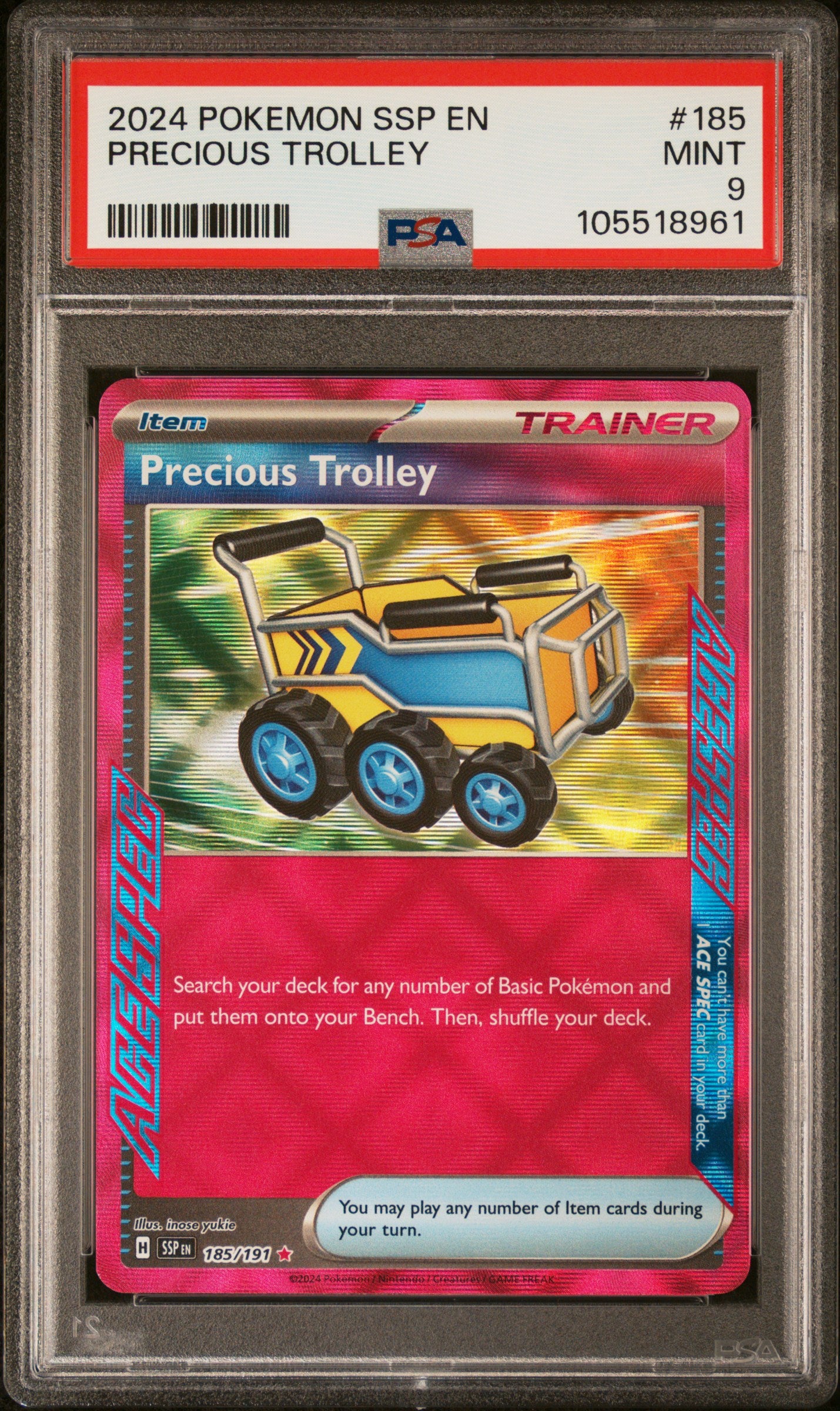 PRECIOUS TROLLEY 185/191 Common POKEMON SSP EN-SURGING SPARKS PSA9 MINT 9 PSA population 92 <a href=https://www.psacard.com/cert/105518961/psa>https://www.psacard.com/cert/105518961/psa</a>