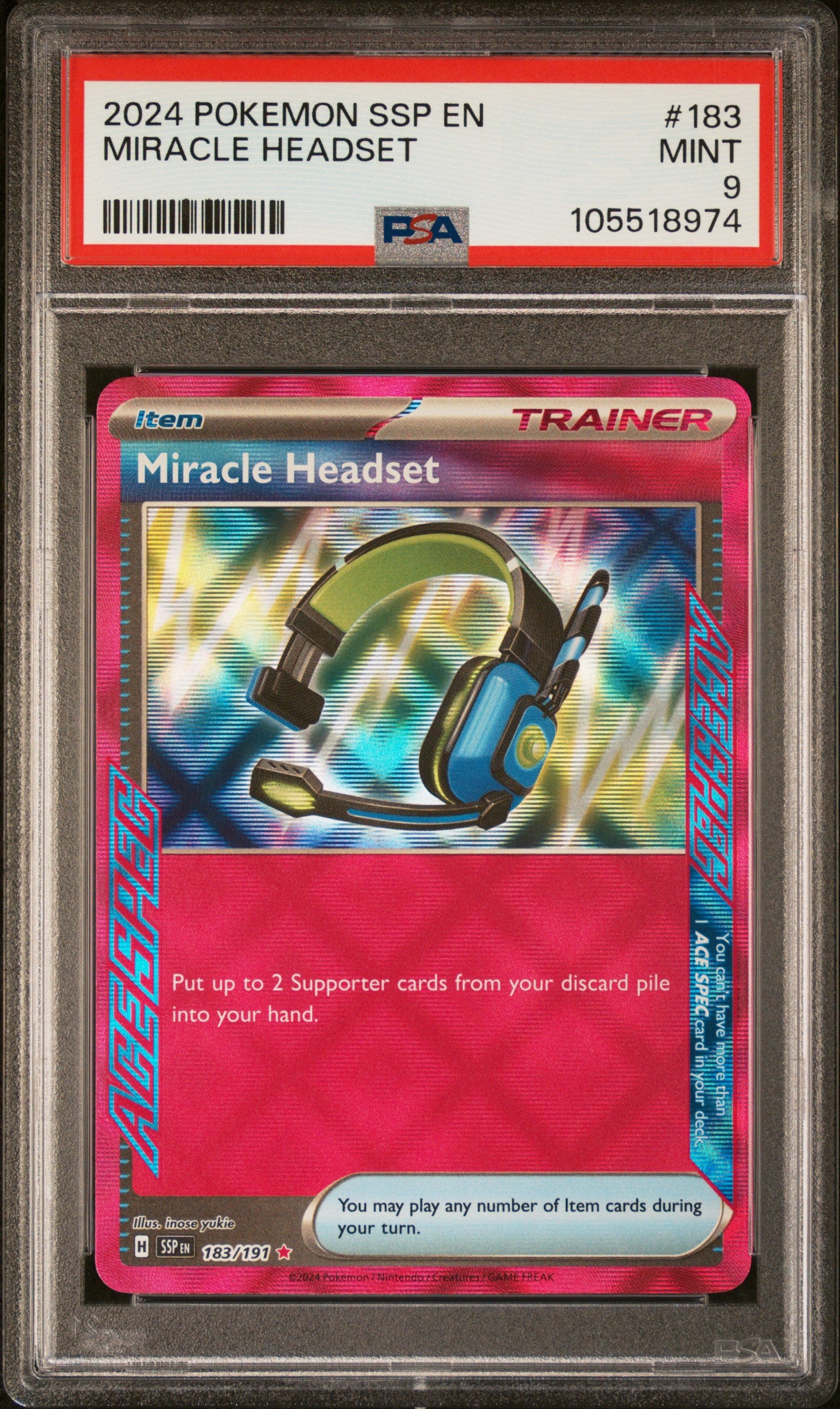 MIRACLE HEADSET 183/191 Common POKEMON SSP EN-SURGING SPARKS PSA9 MINT 9 PSA population 58 <a href=https://www.psacard.com/cert/105518974/psa>https://www.psacard.com/cert/105518974/psa</a>