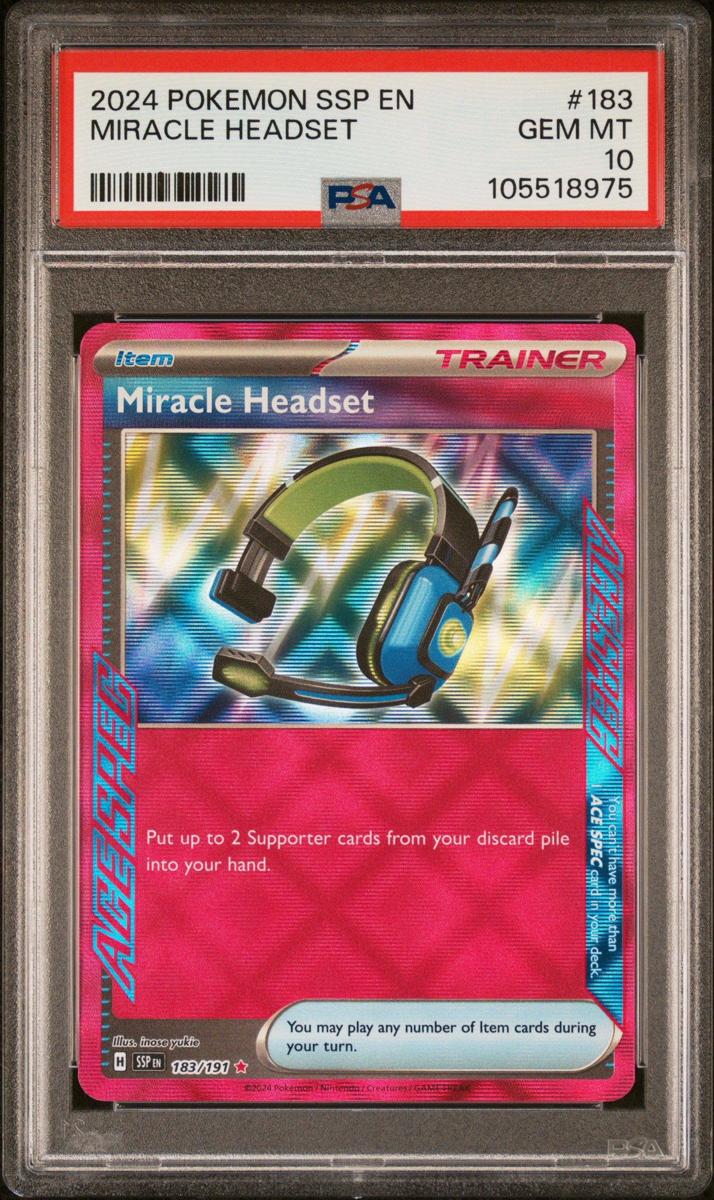 MIRACLE HEADSET 183/191 Common POKEMON SSP EN-SURGING SPARKS PSA10 GEM MT 10 PSA population 28 <a href=https://www.psacard.com/cert/105518975/psa>https://www.psacard.com/cert/105518975/psa</a>