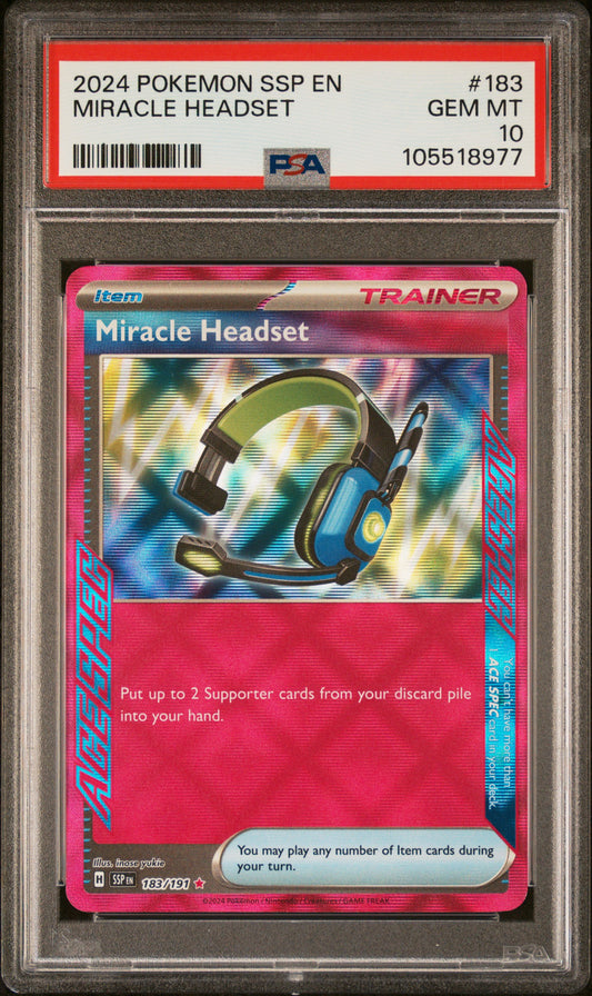 MIRACLE HEADSET 183/191 Common POKEMON SSP EN-SURGING SPARKS PSA10 GEM MT 10 PSA population 28 <a href=https://www.psacard.com/cert/105518977/psa>https://www.psacard.com/cert/105518977/psa</a>