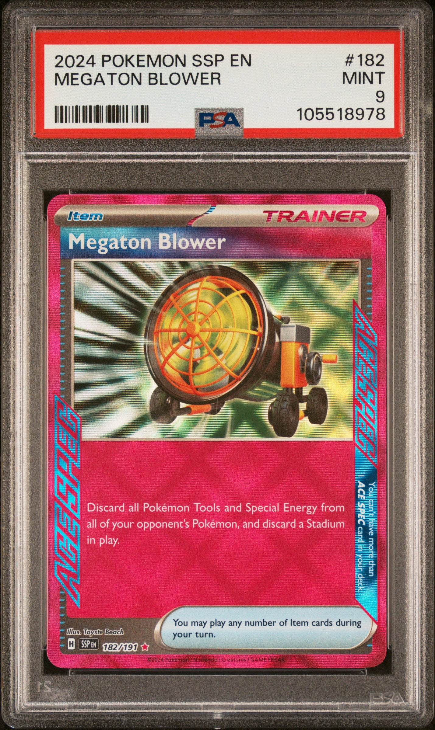 MEGATON BLOWER 182/191 Common POKEMON SSP EN-SURGING SPARKS PSA9 MINT 9 PSA population 53 <a href=https://www.psacard.com/cert/105518978/psa>https://www.psacard.com/cert/105518978/psa</a>