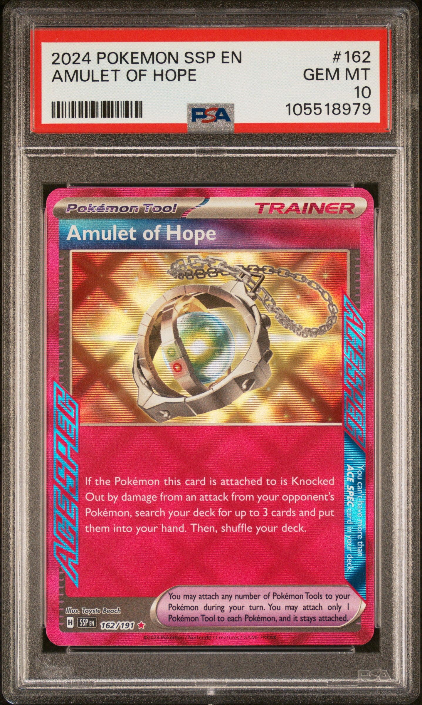 AMULET OF HOPE 162/191 Common POKEMON SSP EN-SURGING SPARKS PSA10 GEM MT 10 PSA population 34 <a href=https://www.psacard.com/cert/105518979/psa>https://www.psacard.com/cert/105518979/psa</a>