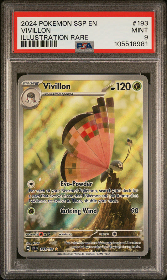 VIVILLON 193/191 Common POKEMON SSP EN-SURGING SPARKS ILLUSTRATION RARE PSA9 MINT 9 PSA population 523 <a href=https://www.psacard.com/cert/105518981/psa>https://www.psacard.com/cert/105518981/psa</a>