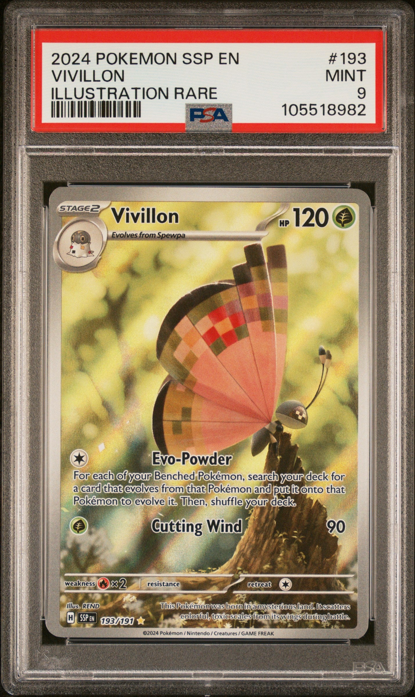 VIVILLON 193/191 Common POKEMON SSP EN-SURGING SPARKS ILLUSTRATION RARE PSA9 MINT 9 PSA population 523 <a href=https://www.psacard.com/cert/105518982/psa>https://www.psacard.com/cert/105518982/psa</a>