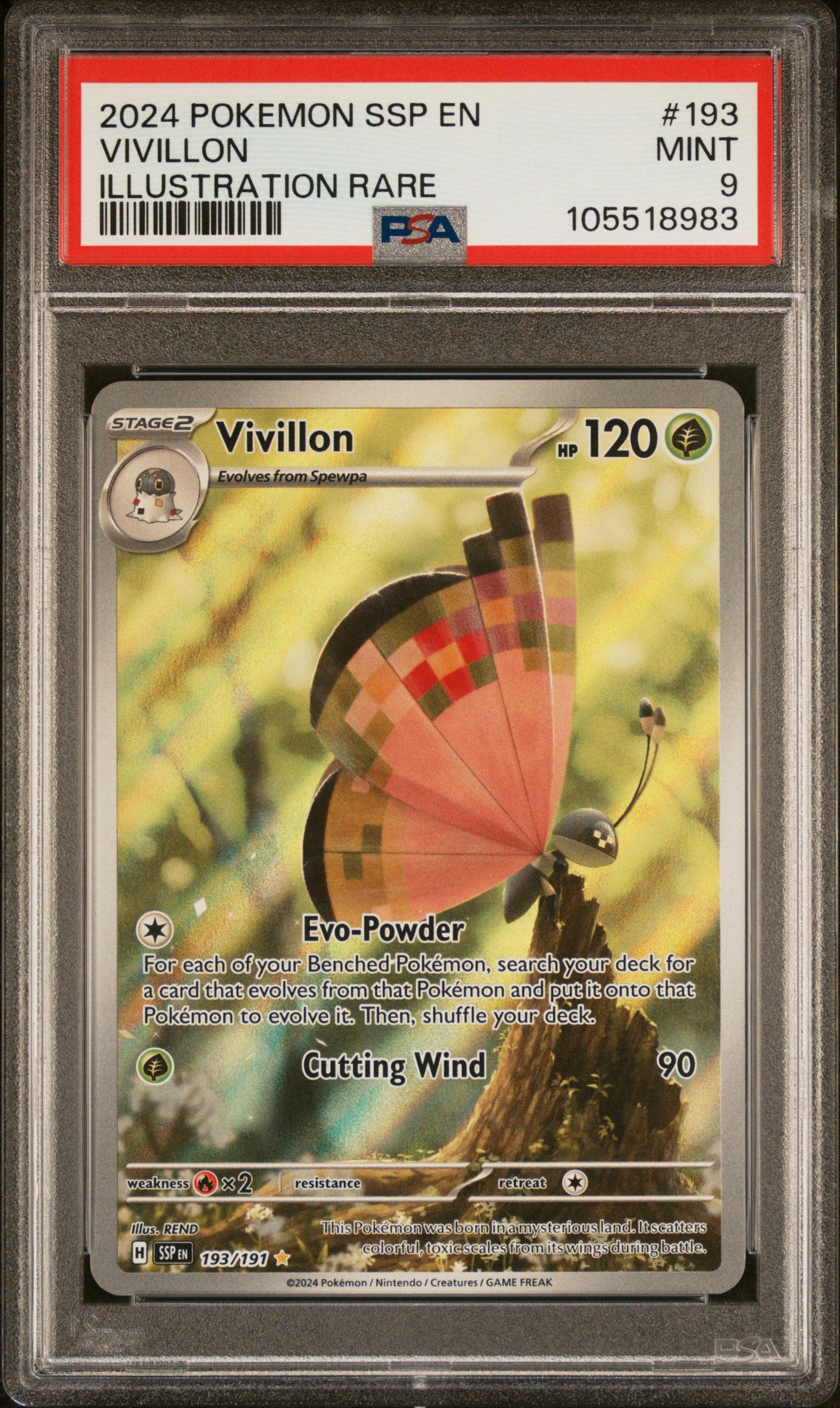 VIVILLON 193/191 Common POKEMON SSP EN-SURGING SPARKS ILLUSTRATION RARE PSA9 MINT 9 PSA population 523 <a href=https://www.psacard.com/cert/105518983/psa>https://www.psacard.com/cert/105518983/psa</a>