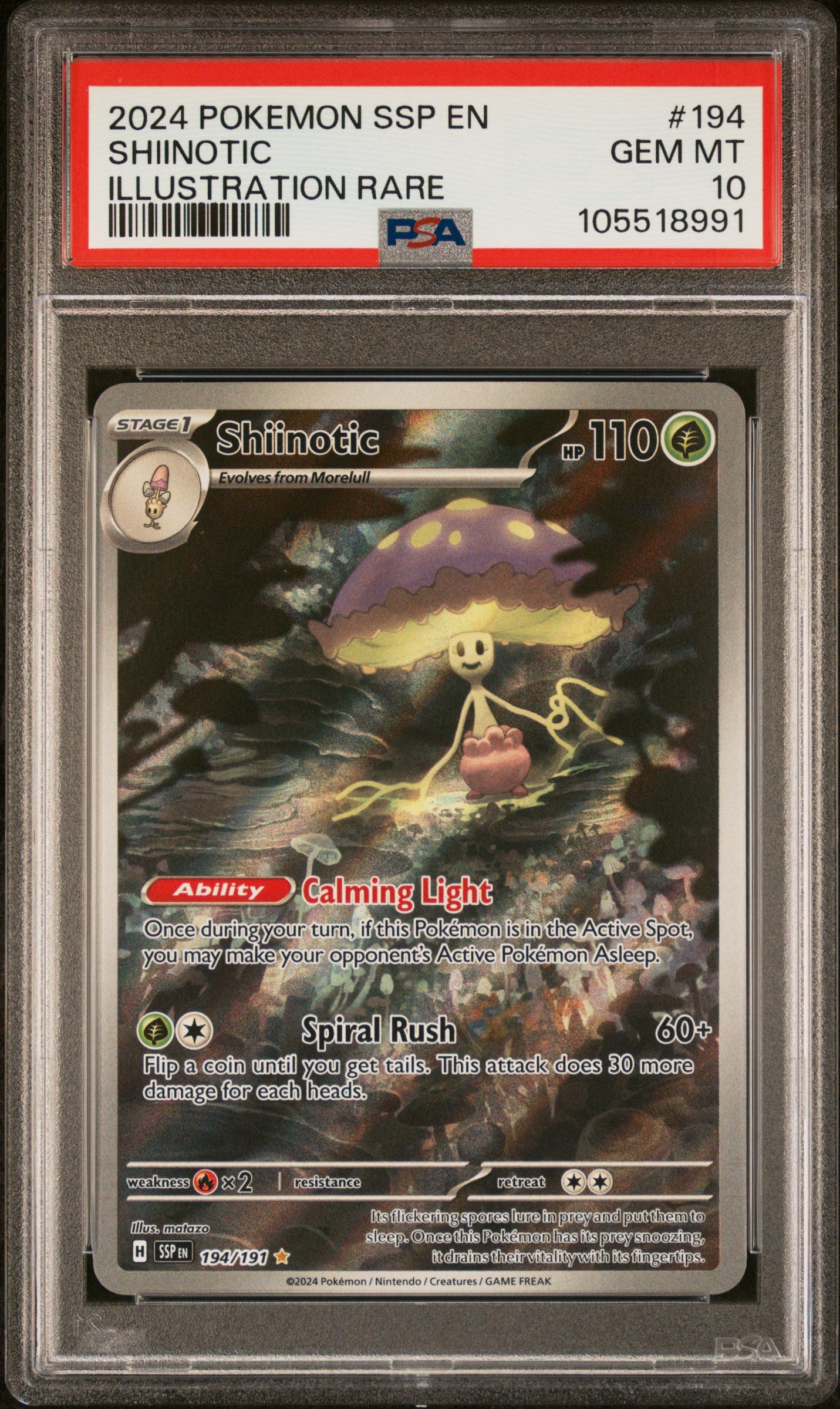 SHIINOTIC 194/191 Common POKEMON SSP EN-SURGING SPARKS ILLUSTRATION RARE PSA10 GEM MT 10 PSA population 313 <a href=https://www.psacard.com/cert/105518991/psa>https://www.psacard.com/cert/105518991/psa</a>