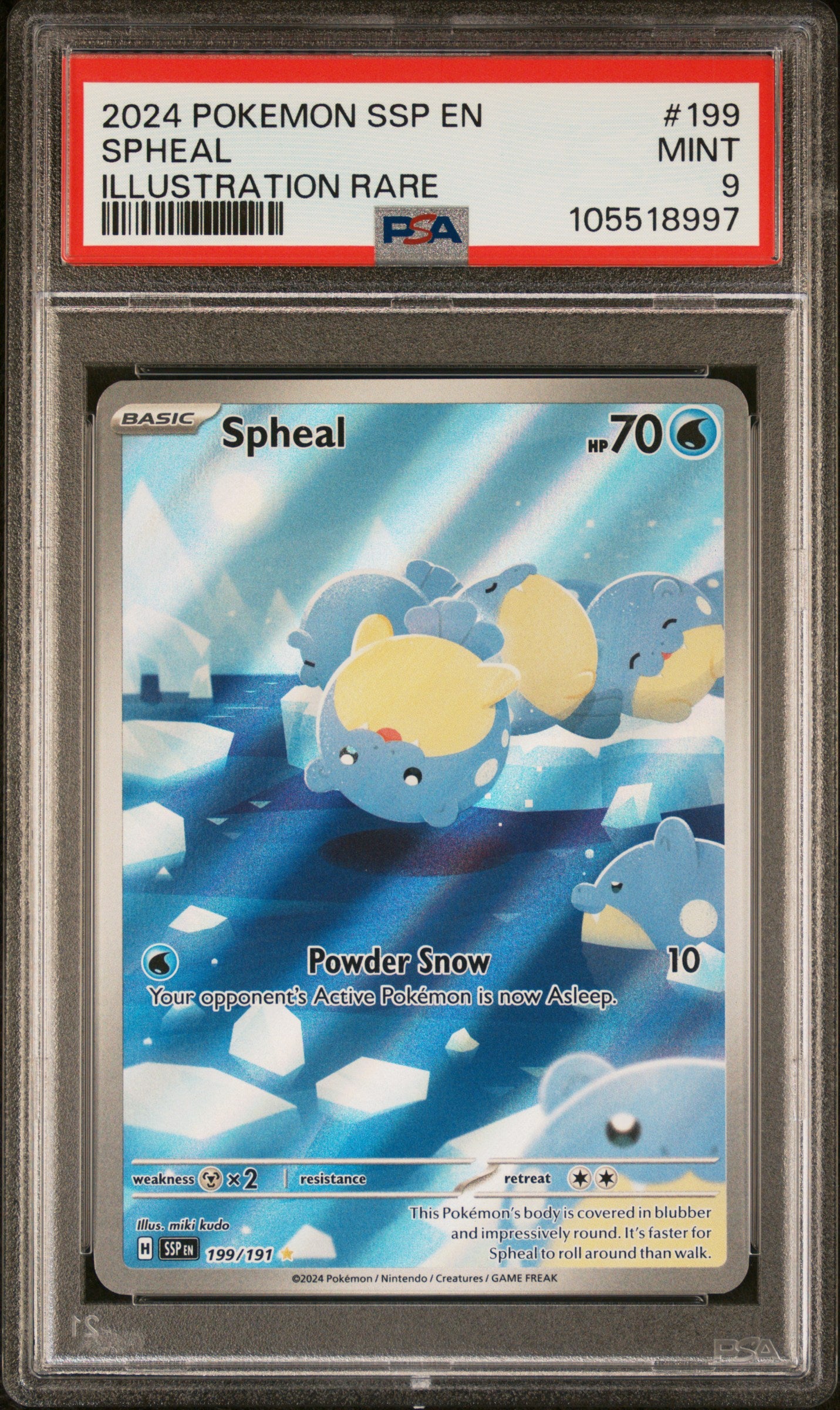 SPHEAL 199/191 Common POKEMON SSP EN-SURGING SPARKS ILLUSTRATION RARE PSA9 MINT 9 PSA population 2010 <a href=https://www.psacard.com/cert/105518997/psa>https://www.psacard.com/cert/105518997/psa</a>