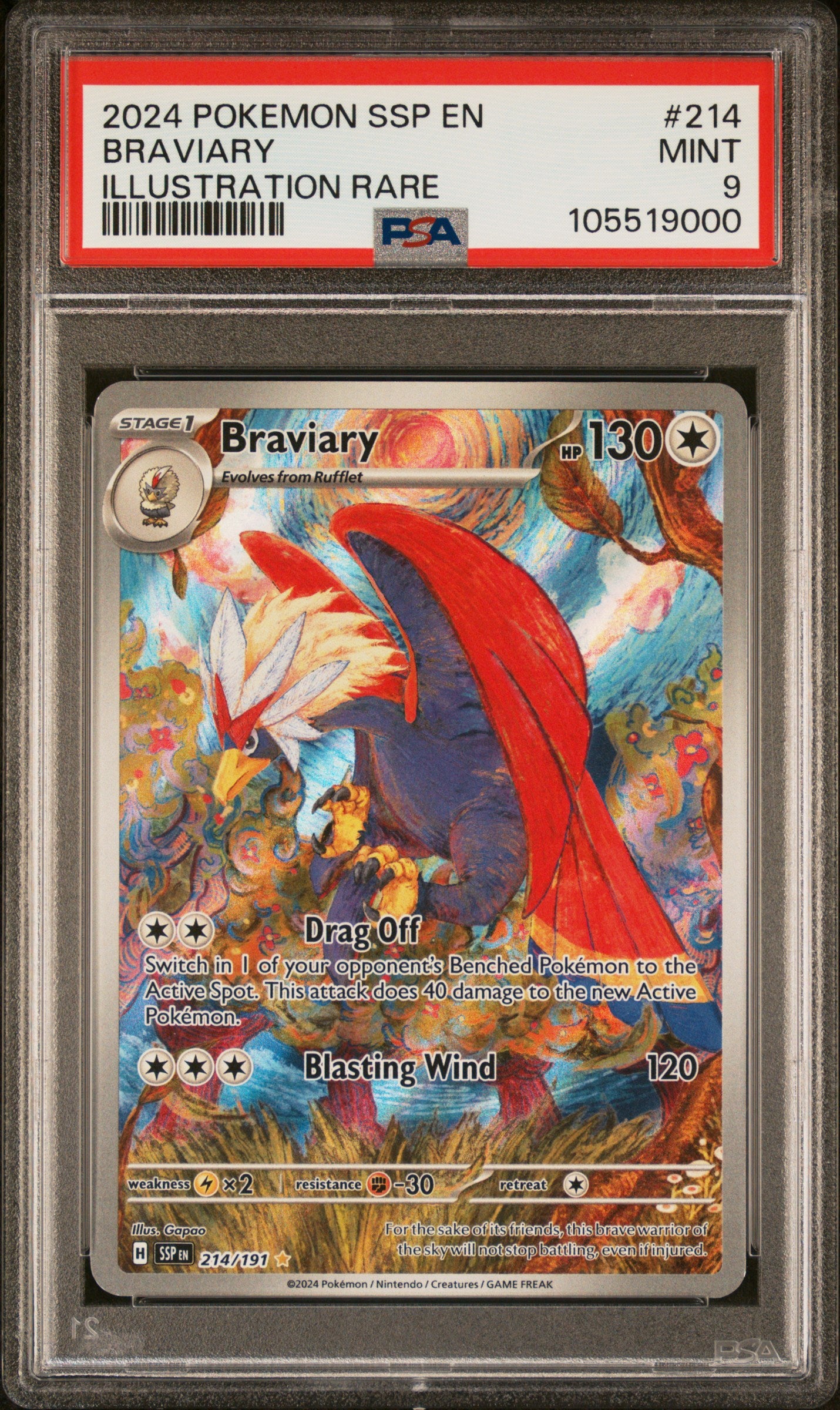 BRAVIARY 214/191 Common POKEMON SSP EN-SURGING SPARKS ILLUSTRATION RARE PSA9 MINT 9 PSA population 1639 <a href=https://www.psacard.com/cert/105519000/psa>https://www.psacard.com/cert/105519000/psa</a>