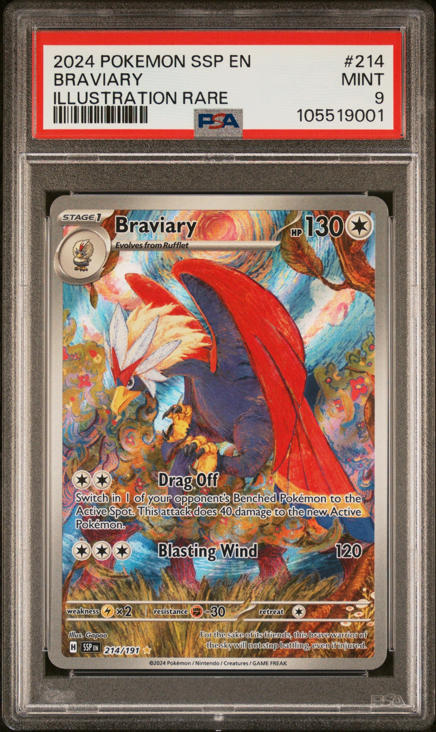 BRAVIARY 214/191 Common POKEMON SSP EN-SURGING SPARKS ILLUSTRATION RARE PSA9 MINT 9 PSA population 1639 <a href=https://www.psacard.com/cert/105519001/psa>https://www.psacard.com/cert/105519001/psa</a>