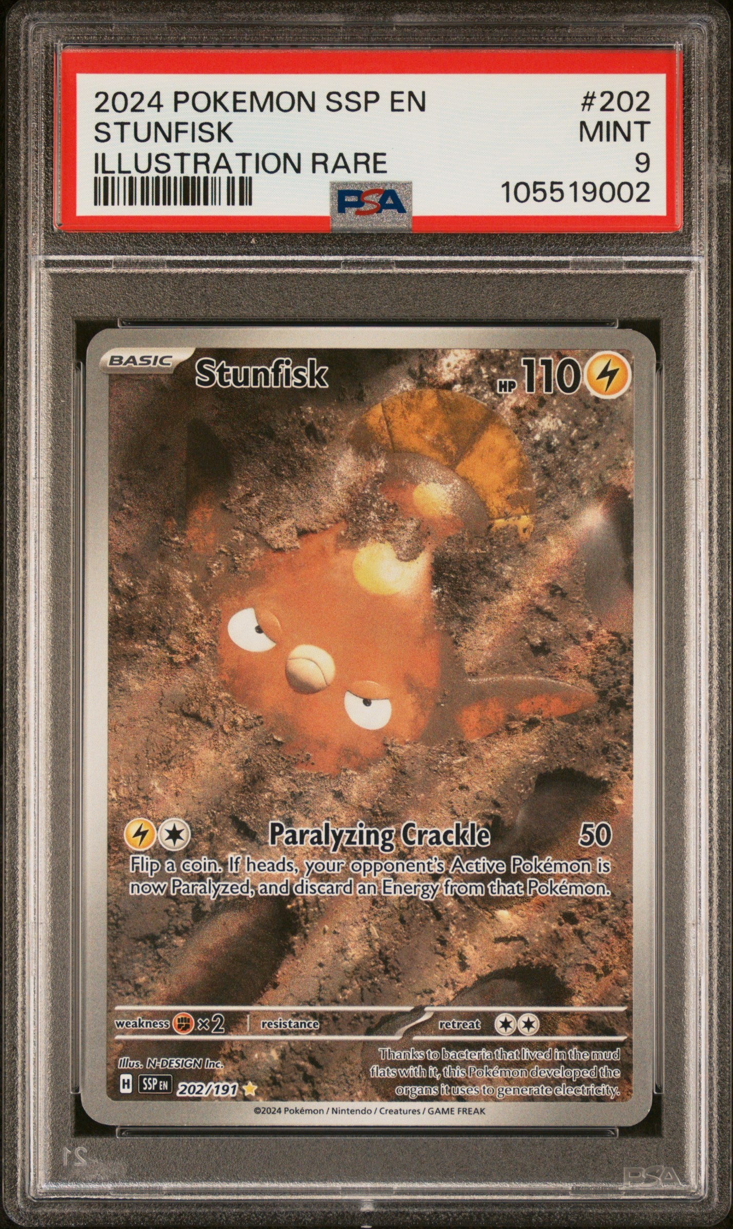 STUNFISK 202/191 Common POKEMON SSP EN-SURGING SPARKS ILLUSTRATION RARE PSA9 MINT 9 PSA population 387 <a href=https://www.psacard.com/cert/105519002/psa>https://www.psacard.com/cert/105519002/psa</a>
