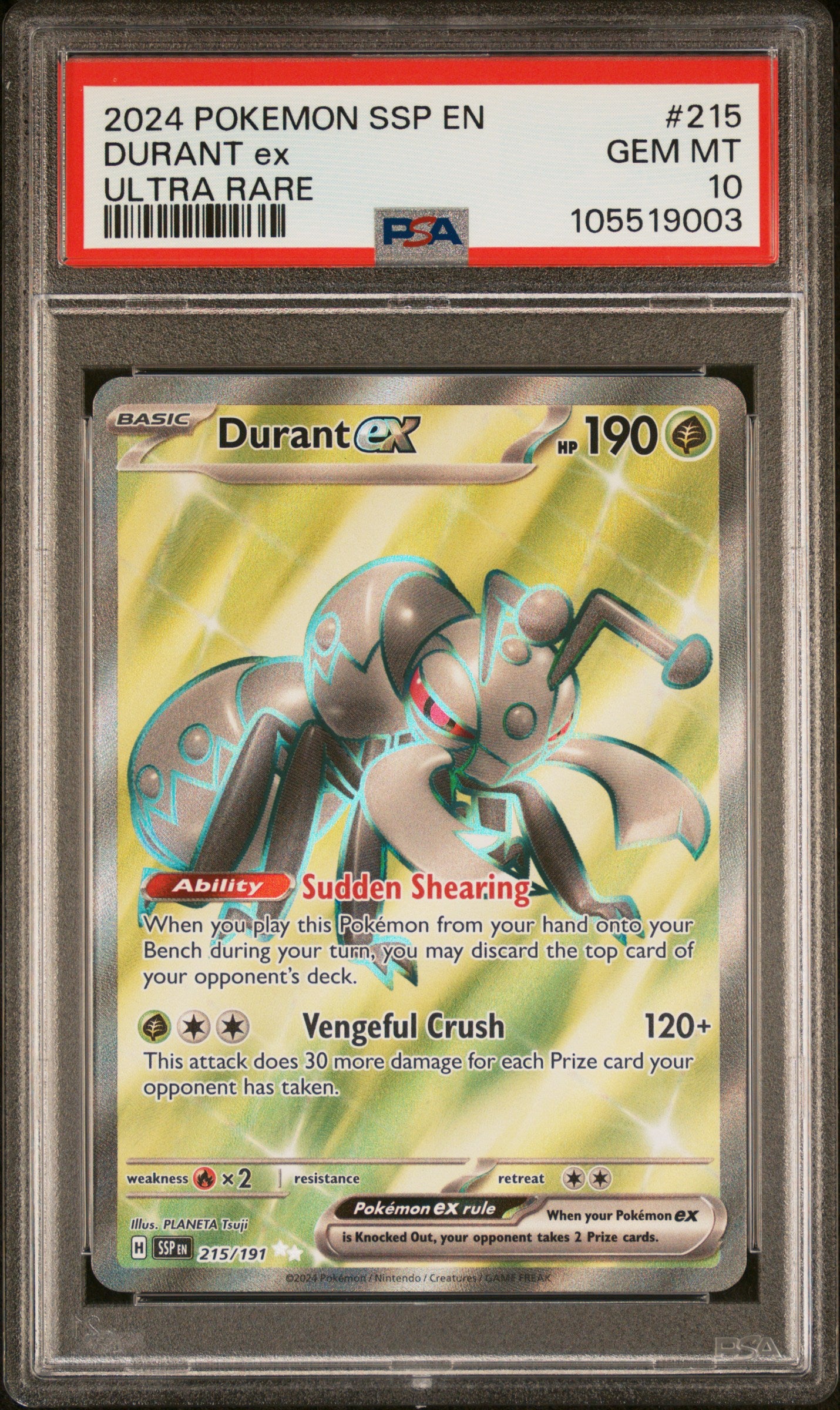 DURANT EX 215/191 Common POKEMON SSP EN-SURGING SPARKS ULTRA RARE PSA10 GEM MT 10 PSA population 99 <a href=https://www.psacard.com/cert/105519003/psa>https://www.psacard.com/cert/105519003/psa</a>