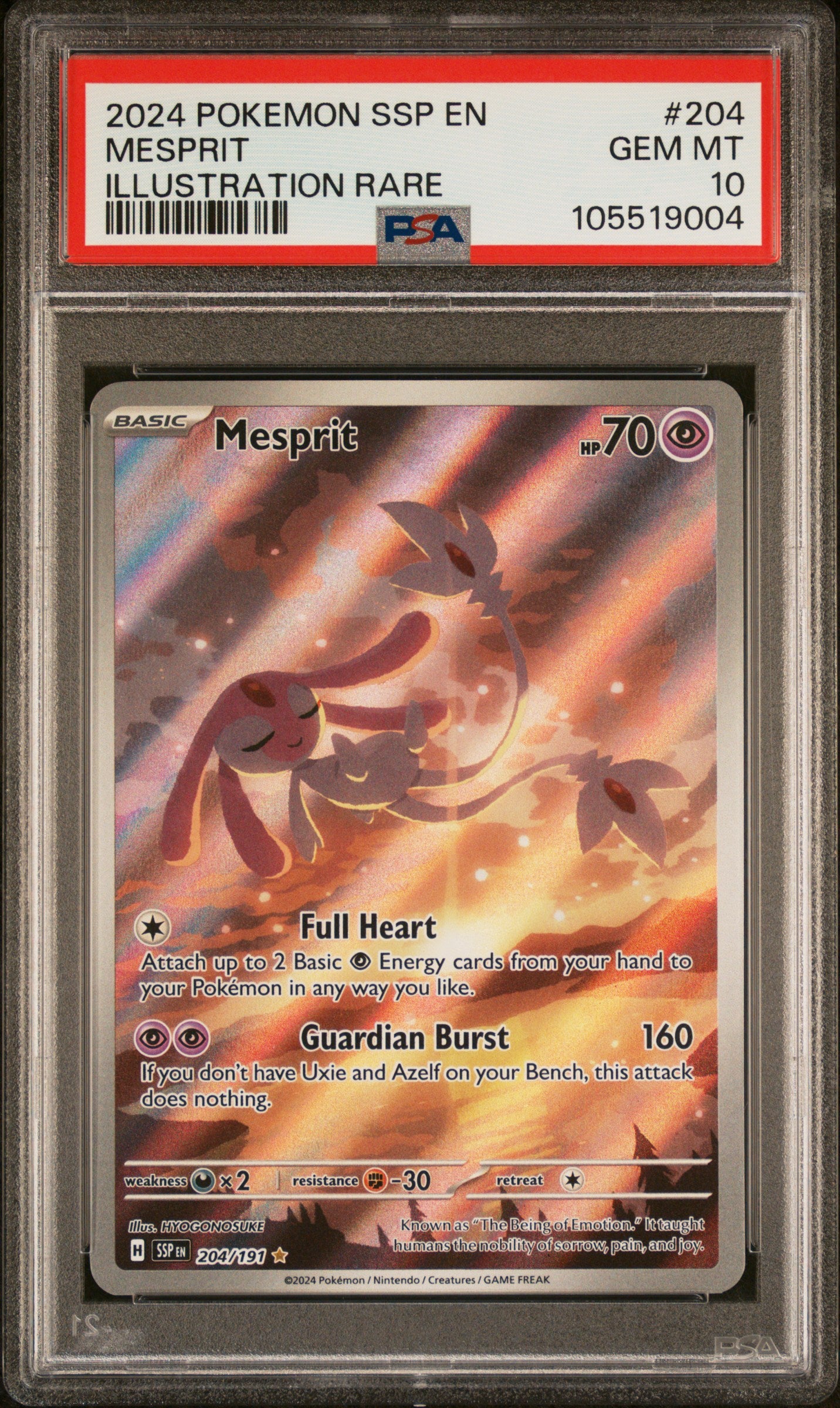 MESPRIT 204/191 Common POKEMON SSP EN-SURGING SPARKS ILLUSTRATION RARE PSA10 GEM MT 10 PSA population 1625 <a href=https://www.psacard.com/cert/105519004/psa>https://www.psacard.com/cert/105519004/psa</a>