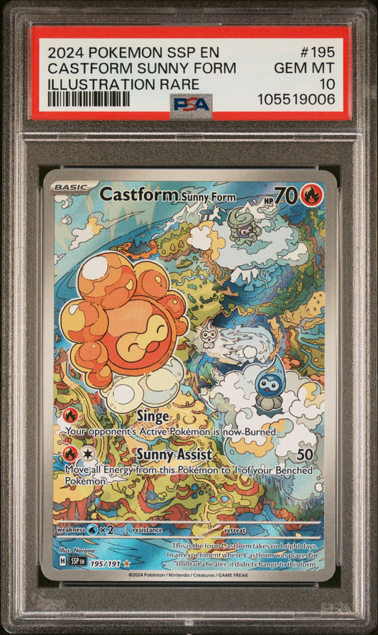CASTFORM SUNNY FORM 195/191 Common POKEMON SSP EN-SURGING SPARKS ILLUSTRATION RARE PSA10 GEM MT 10 PSA population 952 <a href=https://www.psacard.com/cert/105519006/psa>https://www.psacard.com/cert/105519006/psa</a>