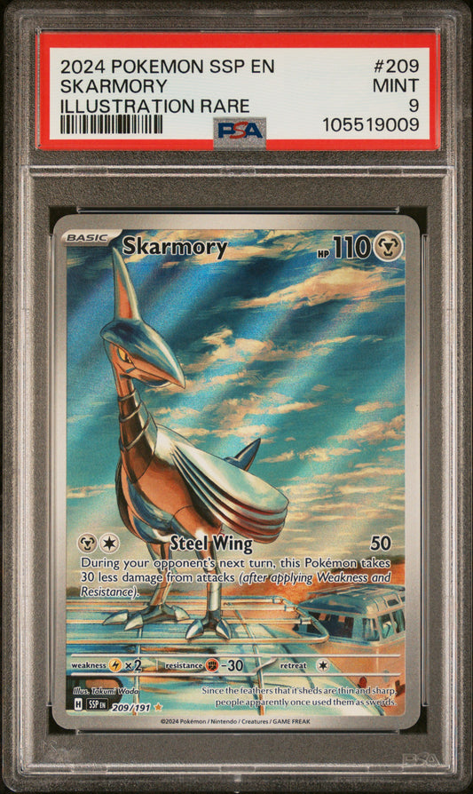 SKARMORY 209/191 Common POKEMON SSP EN-SURGING SPARKS ILLUSTRATION RARE PSA9 MINT 9 PSA population 3815 <a href=https://www.psacard.com/cert/105519009/psa>https://www.psacard.com/cert/105519009/psa</a>