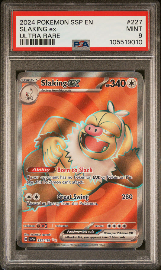 SLAKING EX 227/191 Common POKEMON SSP EN-SURGING SPARKS ULTRA RARE PSA9 MINT 9 PSA population 178 <a href=https://www.psacard.com/cert/105519010/psa>https://www.psacard.com/cert/105519010/psa</a>