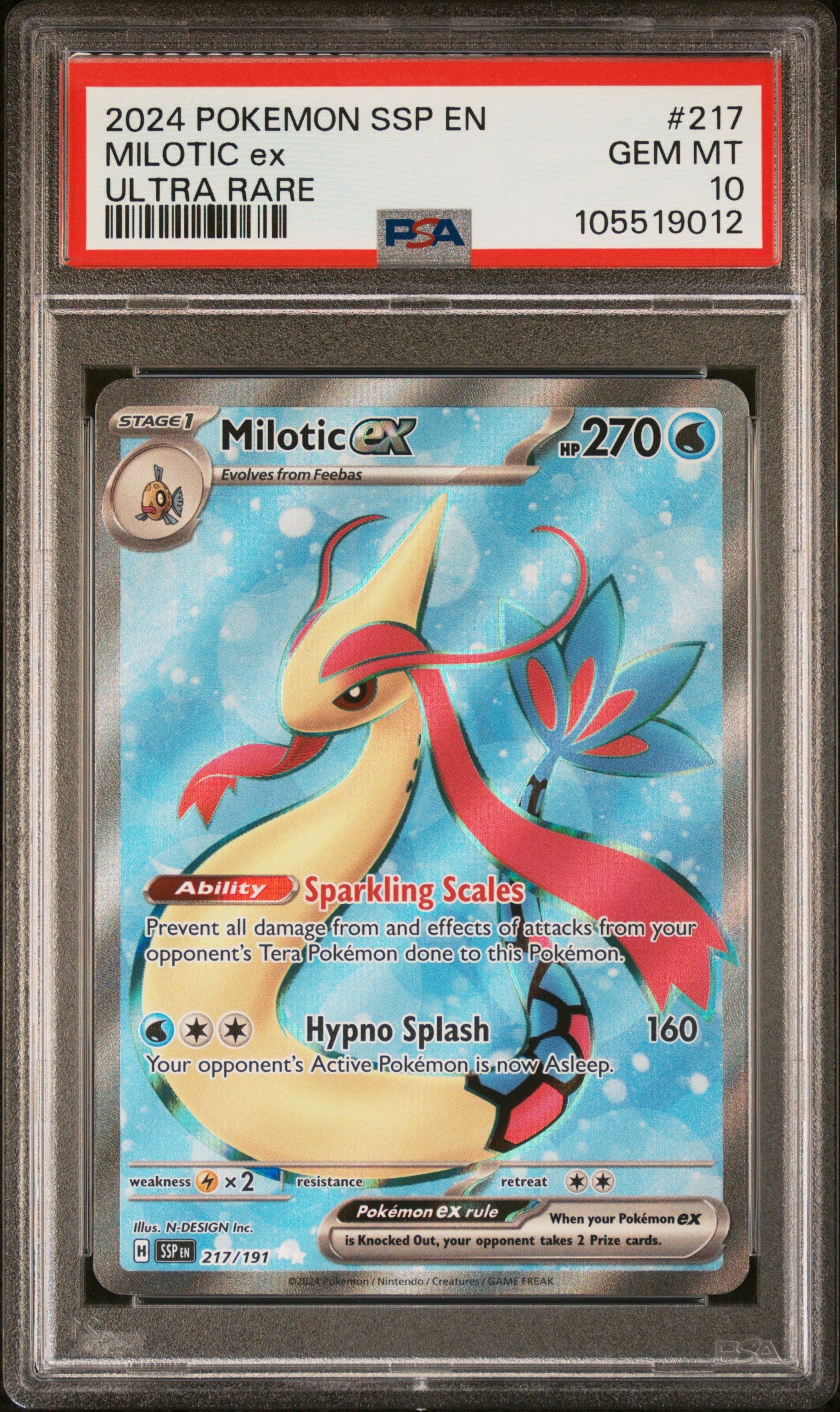 MILOTIC EX 217/191 Common POKEMON SSP EN-SURGING SPARKS ULTRA RARE PSA10 GEM MT 10 PSA population 204 <a href=https://www.psacard.com/cert/105519012/psa>https://www.psacard.com/cert/105519012/psa</a>