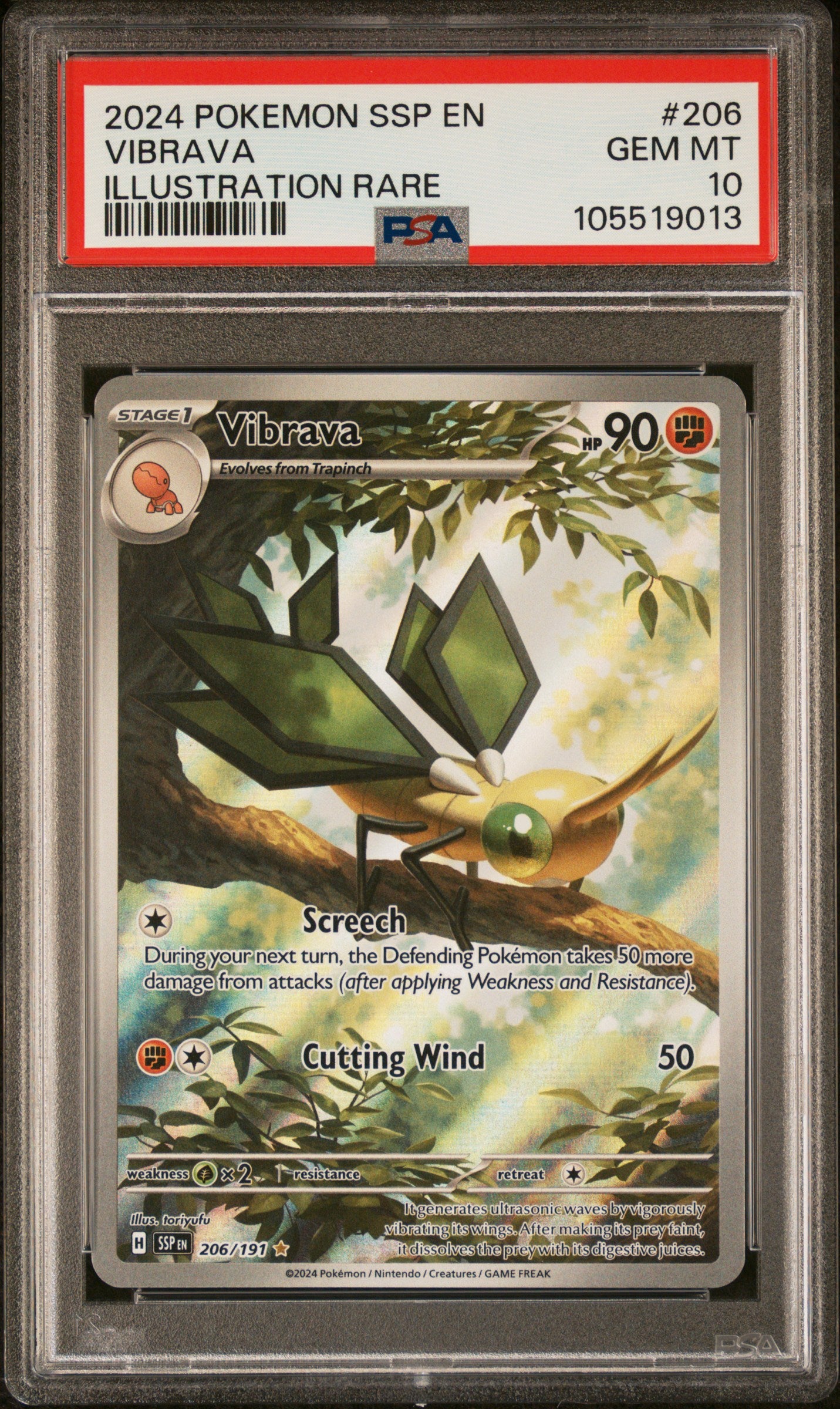 VIBRAVA 206/191 Common POKEMON SSP EN-SURGING SPARKS ILLUSTRATION RARE PSA10 GEM MT 10 PSA population 353 <a href=https://www.psacard.com/cert/105519013/psa>https://www.psacard.com/cert/105519013/psa</a>