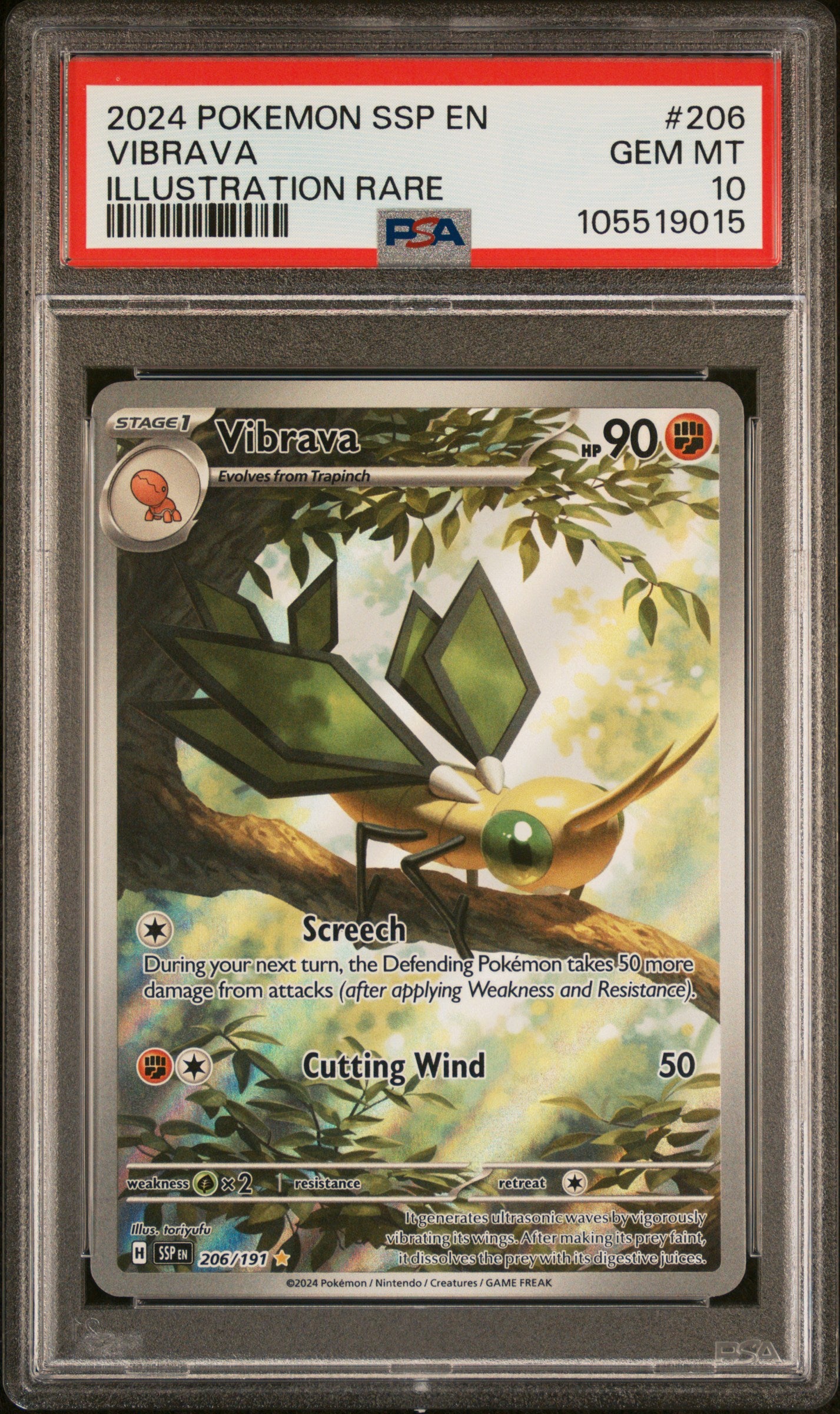 VIBRAVA 206/191 Common POKEMON SSP EN-SURGING SPARKS ILLUSTRATION RARE PSA10 GEM MT 10 PSA population 353 <a href=https://www.psacard.com/cert/105519015/psa>https://www.psacard.com/cert/105519015/psa</a>