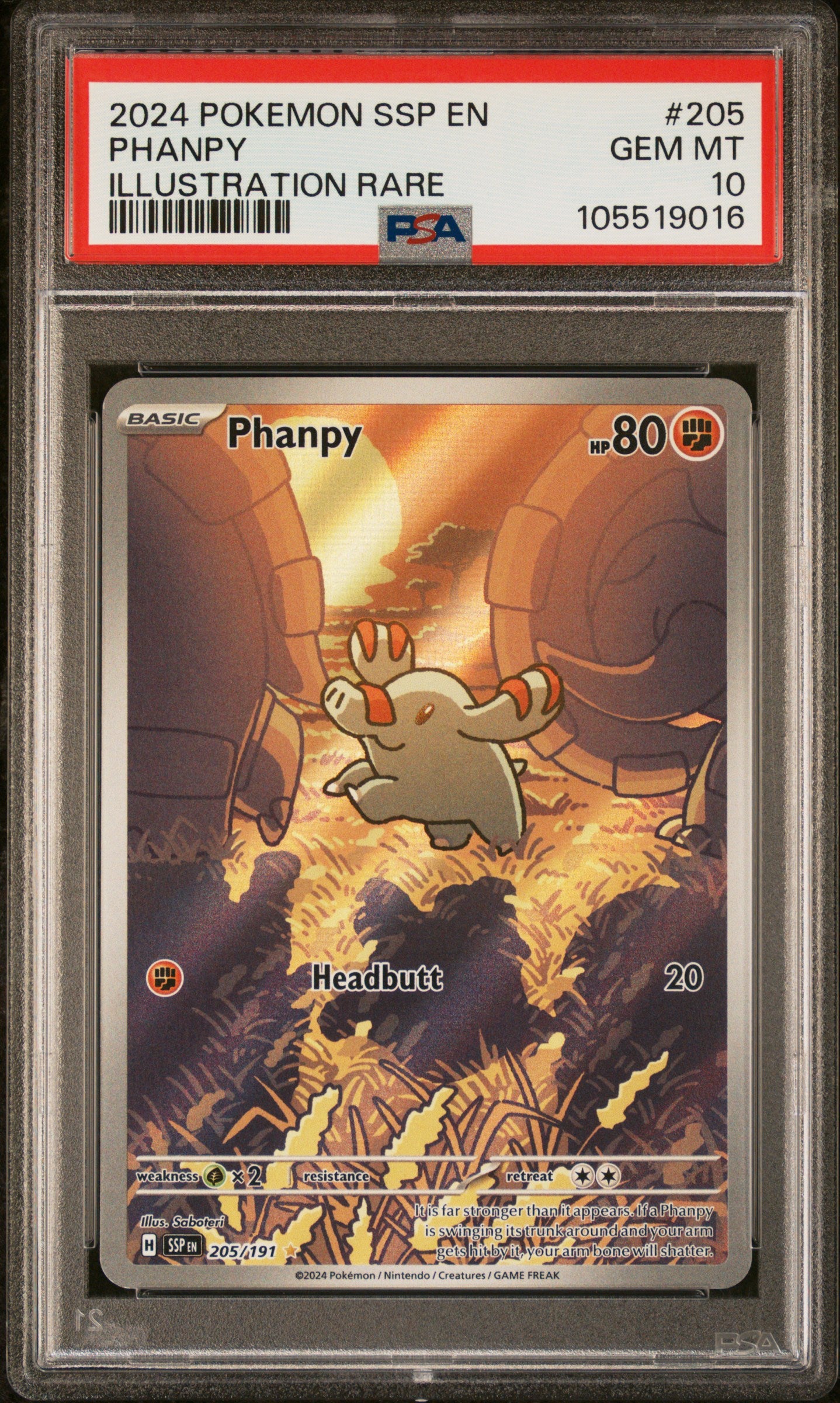 PHANPY 205/191 Common POKEMON SSP EN-SURGING SPARKS ILLUSTRATION RARE PSA10 GEM MT 10 PSA population 1061 <a href=https://www.psacard.com/cert/105519016/psa>https://www.psacard.com/cert/105519016/psa</a>
