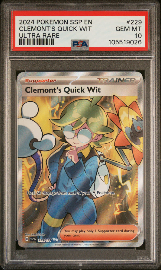 CLEMONT'S QUICK WIT 229/191 Common POKEMON SSP EN-SURGING SPARKS ULTRA RARE PSA10 GEM MT 10 PSA population 98 <a href=https://www.psacard.com/cert/105519026/psa>https://www.psacard.com/cert/105519026/psa</a>