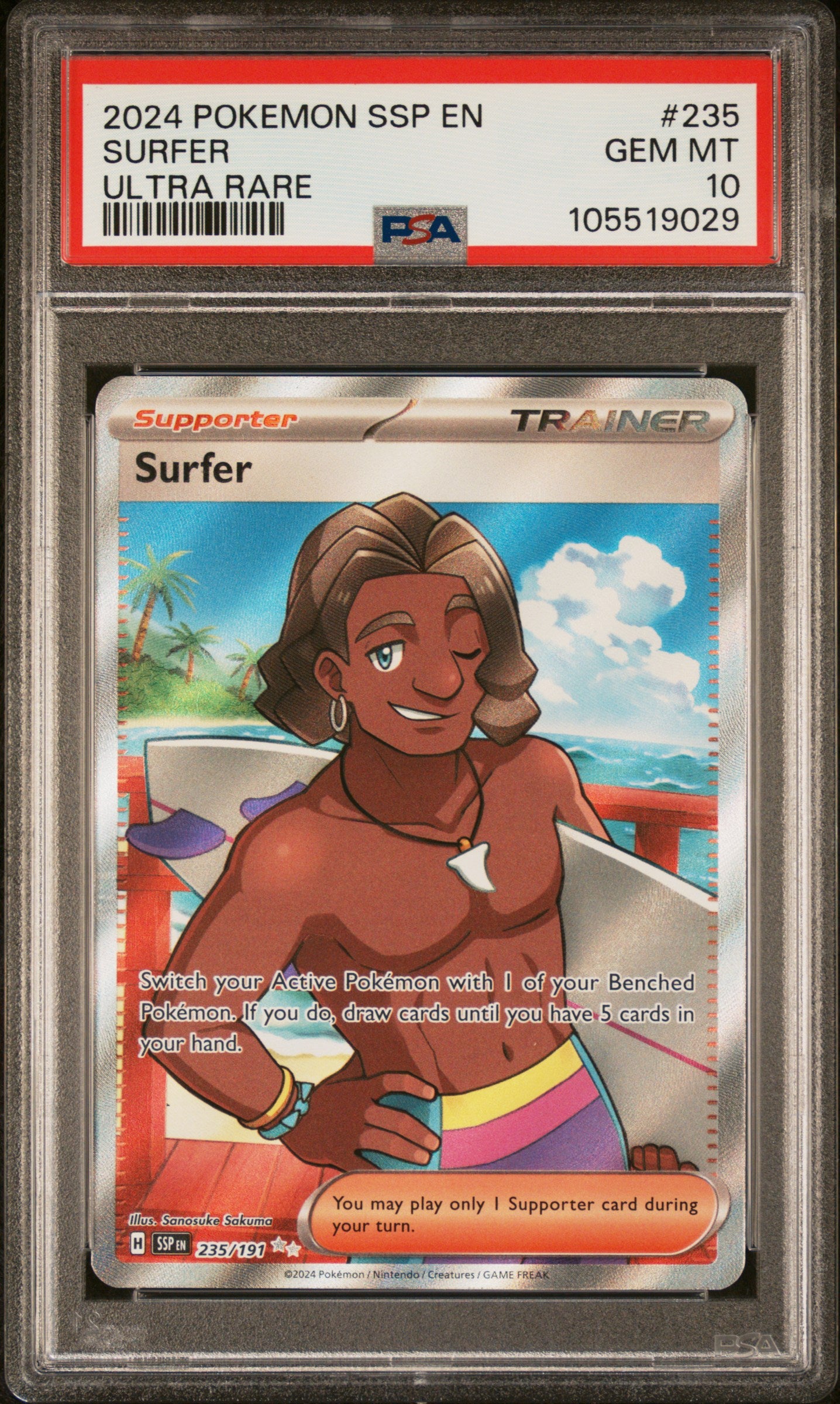 SURFER 235/191 Common POKEMON SSP EN-SURGING SPARKS ULTRA RARE PSA10 GEM MT 10 PSA population 52 <a href=https://www.psacard.com/cert/105519029/psa>https://www.psacard.com/cert/105519029/psa</a>