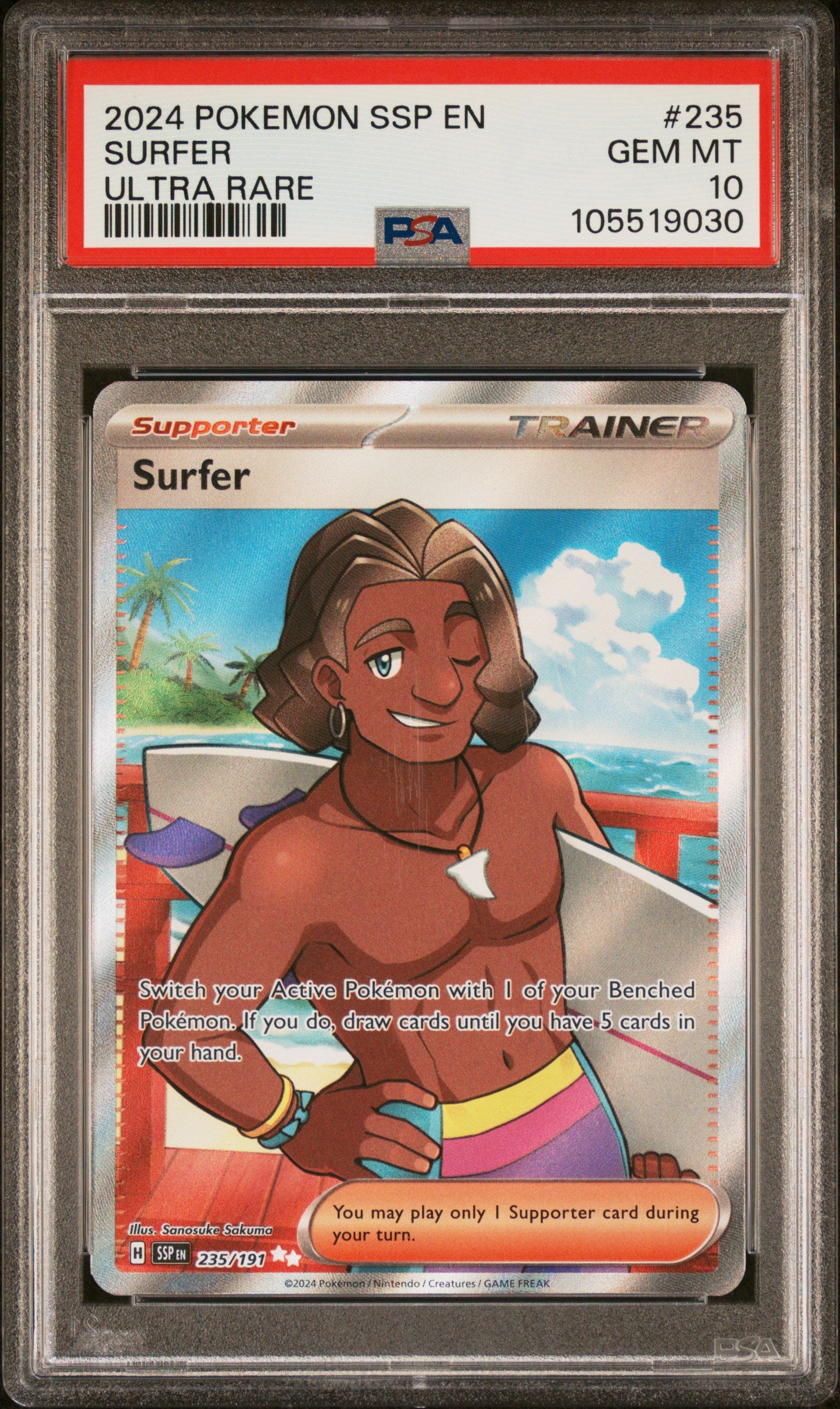 SURFER 235/191 Common POKEMON SSP EN-SURGING SPARKS ULTRA RARE PSA10 GEM MT 10 PSA population 52 <a href=https://www.psacard.com/cert/105519030/psa>https://www.psacard.com/cert/105519030/psa</a>