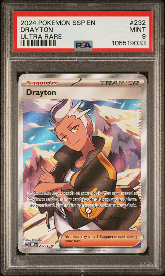 DRAYTON 232/191 Common POKEMON SSP EN-SURGING SPARKS ULTRA RARE PSA9 MINT 9 PSA population 135 <a href=https://www.psacard.com/cert/105519033/psa>https://www.psacard.com/cert/105519033/psa</a>