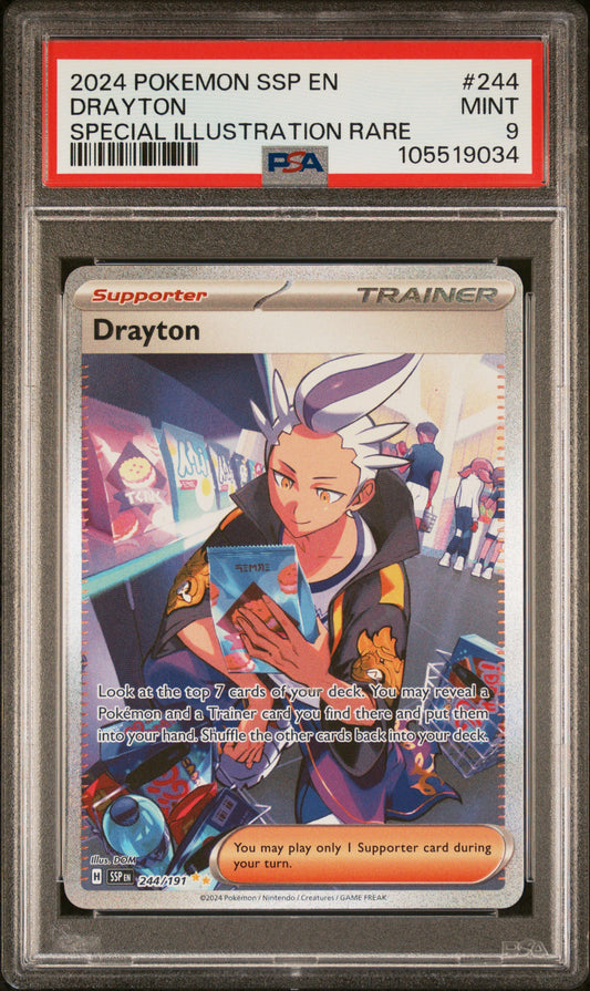 DRAYTON 244/191 Common POKEMON SSP EN-SURGING SPARKS SPECIAL ILLUSTRATION RARE PSA9 MINT 9 PSA population 369 <a href=https://www.psacard.com/cert/105519034/psa>https://www.psacard.com/cert/105519034/psa</a>