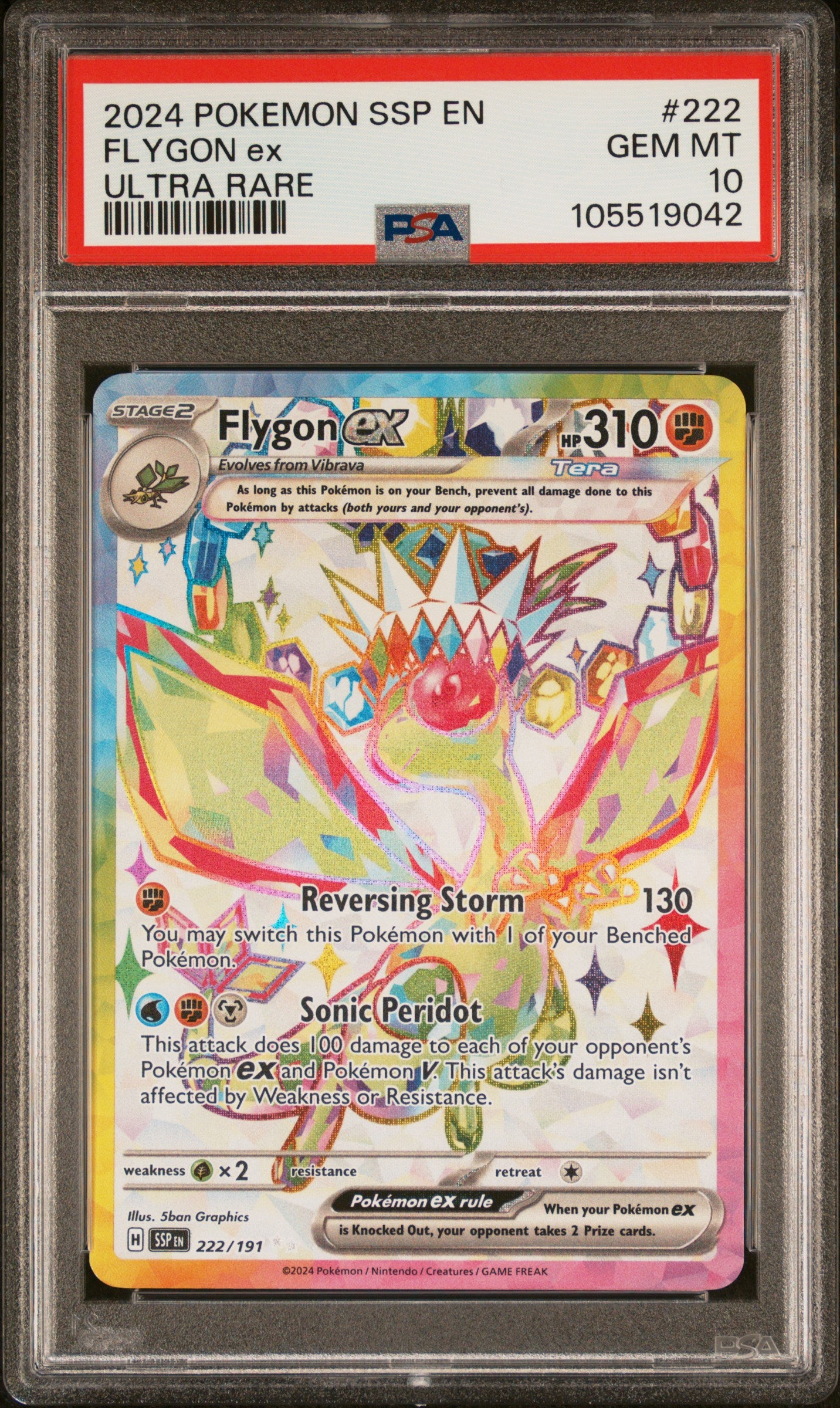 FLYGON EX 222/191 Common POKEMON SSP EN-SURGING SPARKS ULTRA RARE PSA10 GEM MT 10 PSA population 630 <a href=https://www.psacard.com/cert/105519042/psa>https://www.psacard.com/cert/105519042/psa</a>