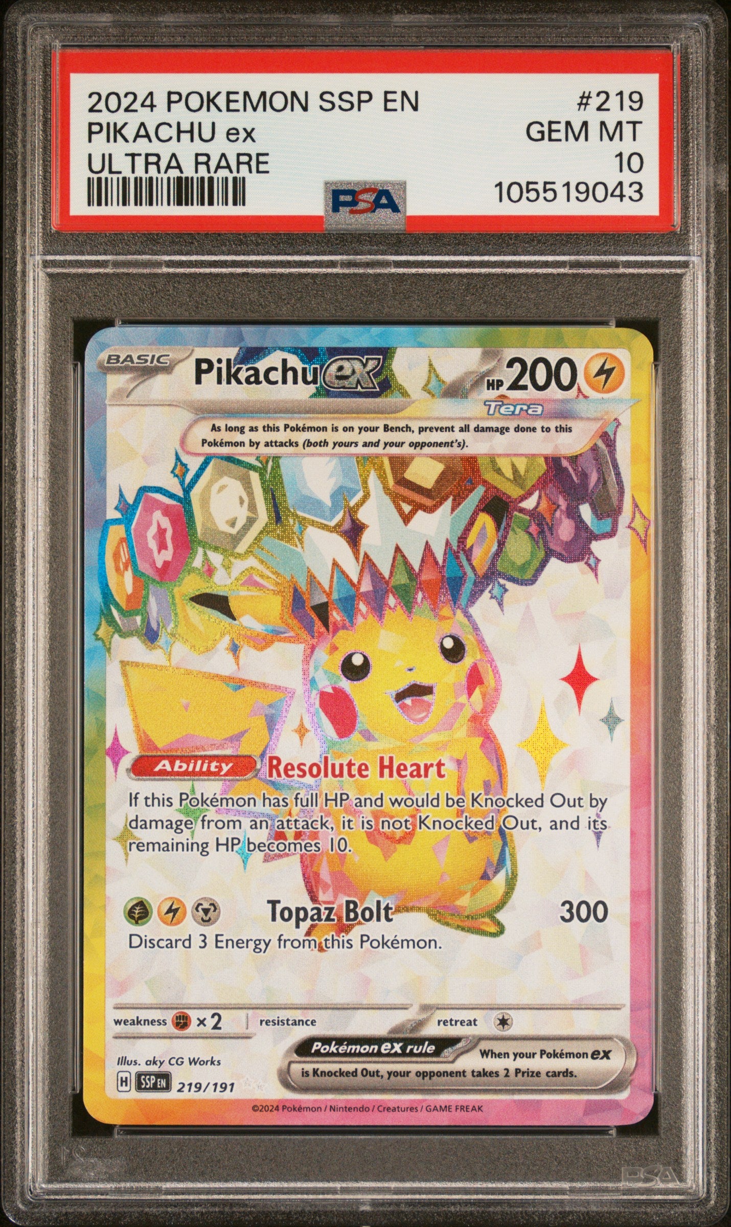 PIKACHU EX 219/191 Common POKEMON SSP EN-SURGING SPARKS ULTRA RARE PSA10 GEM MT 10 PSA population 6343 <a href=https://www.psacard.com/cert/105519043/psa>https://www.psacard.com/cert/105519043/psa</a>
