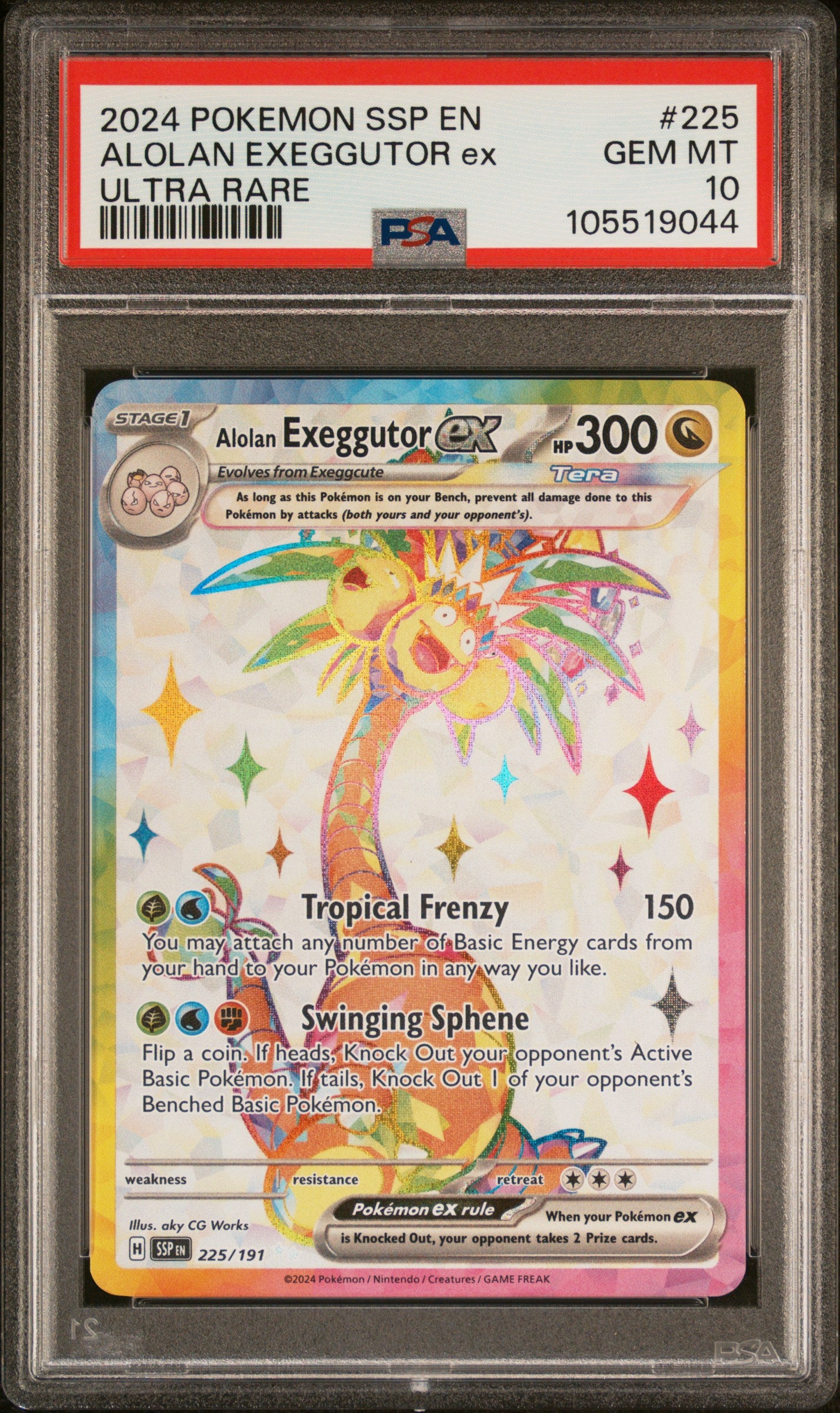 ALOLAN EXEGGUTOR EX 225/191 Common POKEMON SSP EN-SURGING SPARKS ULTRA RARE PSA10 GEM MT 10 PSA population 588 <a href=https://www.psacard.com/cert/105519044/psa>https://www.psacard.com/cert/105519044/psa</a>