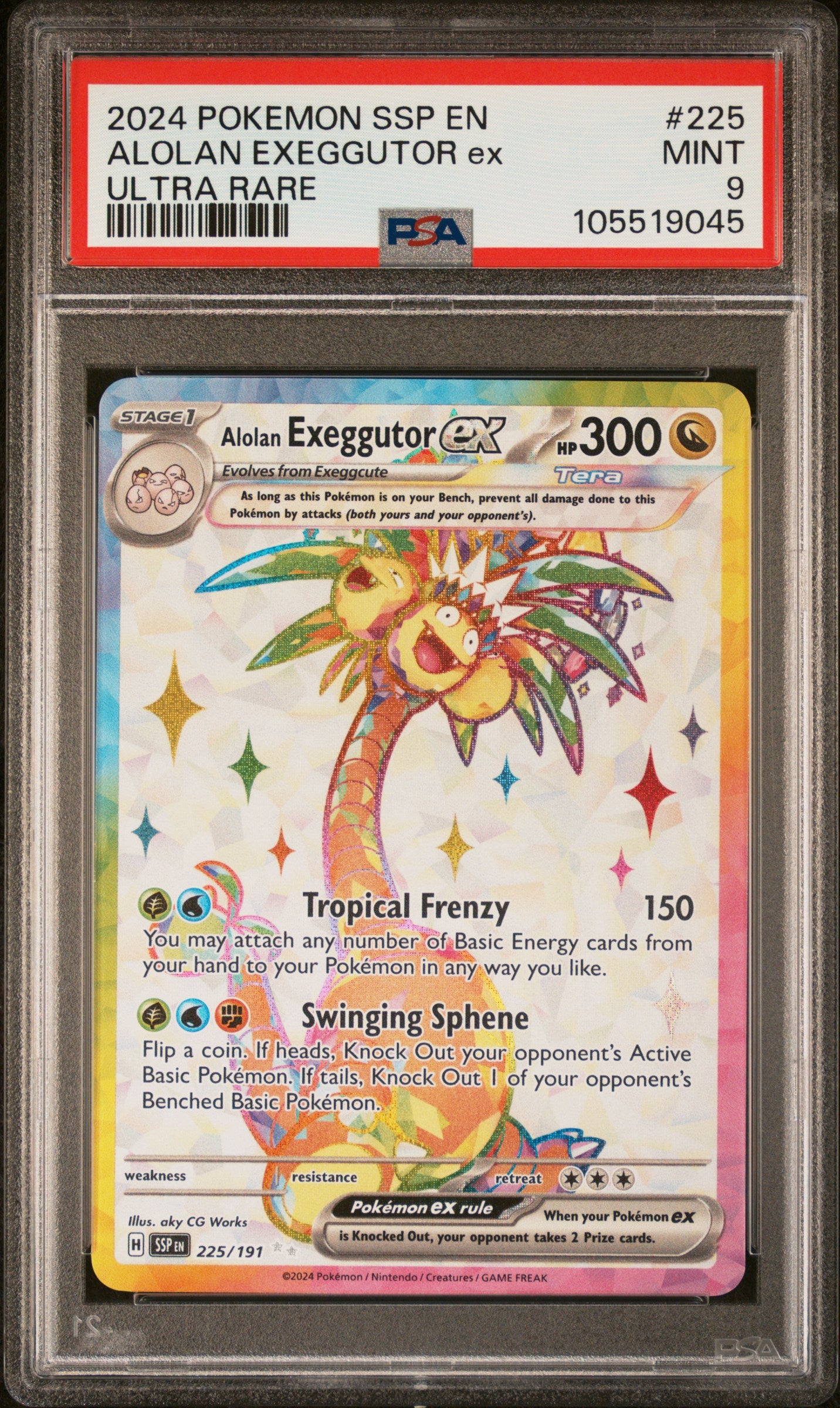 ALOLAN EXEGGUTOR EX 225/191 Common POKEMON SSP EN-SURGING SPARKS ULTRA RARE PSA9 MINT 9 PSA population 632 <a href=https://www.psacard.com/cert/105519045/psa>https://www.psacard.com/cert/105519045/psa</a>