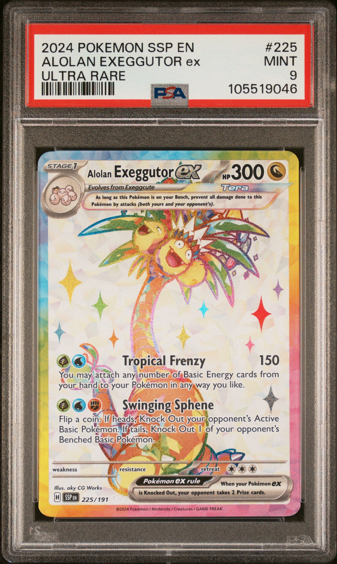 ALOLAN EXEGGUTOR EX 225/191 Common POKEMON SSP EN-SURGING SPARKS ULTRA RARE PSA9 MINT 9 PSA population 632 <a href=https://www.psacard.com/cert/105519046/psa>https://www.psacard.com/cert/105519046/psa</a>