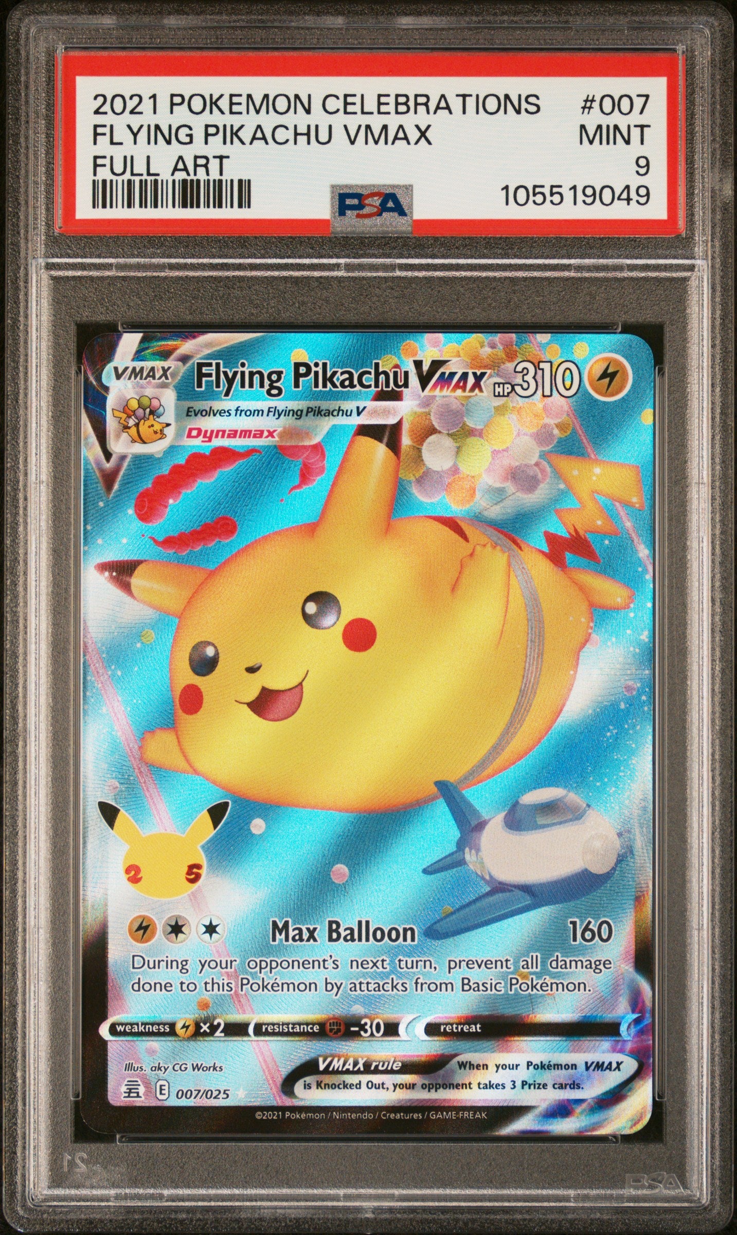 FLYING PIKACHU VMAX 7/25 Common POKEMON CELEBRATIONS FULL ART PSA9 MINT 9 PSA population 1060 <a href=https://www.psacard.com/cert/105519049/psa>https://www.psacard.com/cert/105519049/psa</a>