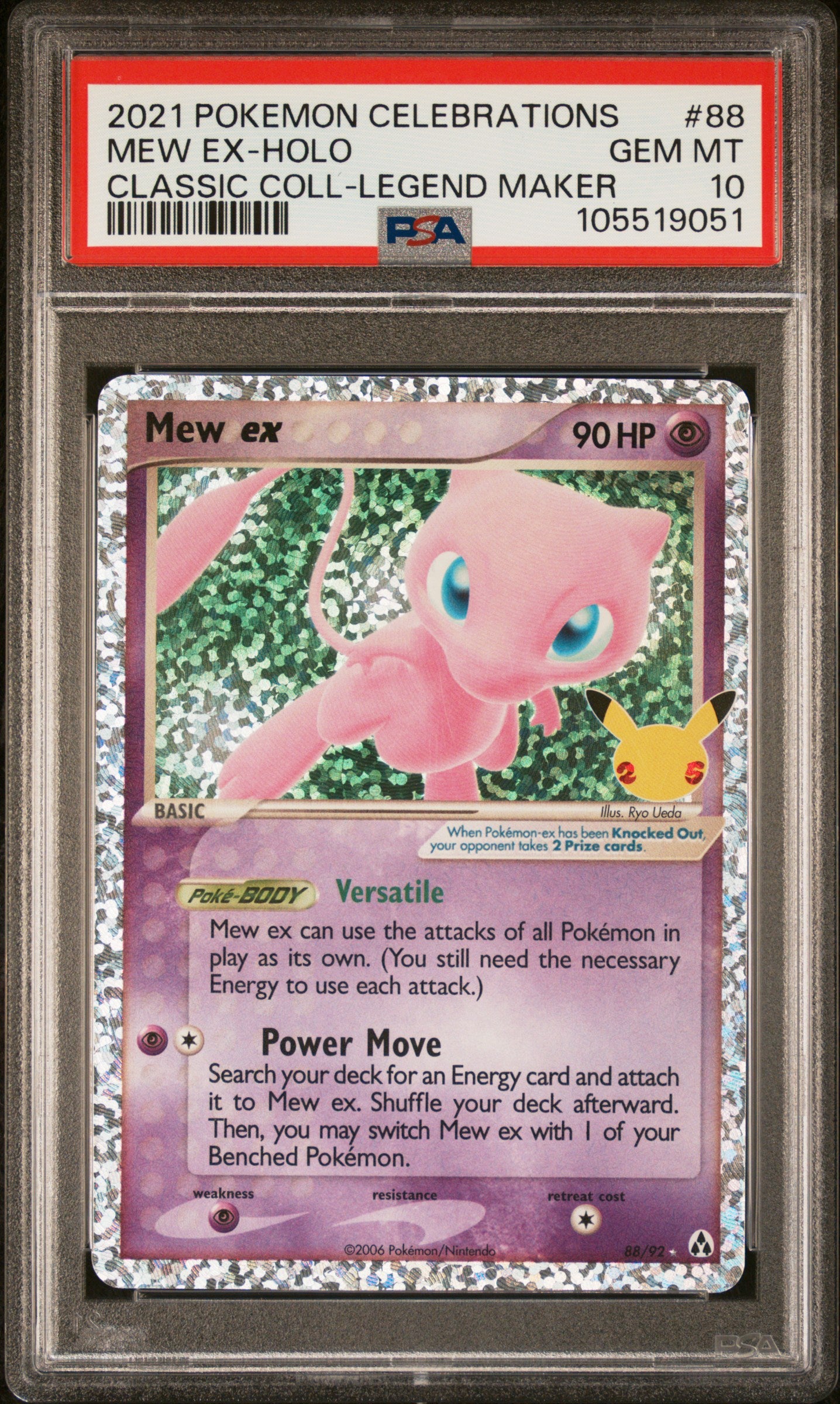 MEW EX-HOLO 88/92 Common POKEMON CELEBRATIONS CLASSIC COLLECTION CLASSIC COLL-LEGEND MAKER PSA10 GEM MT 10 PSA population 3430 <a href=https://www.psacard.com/cert/105519051/psa>https://www.psacard.com/cert/105519051/psa</a>