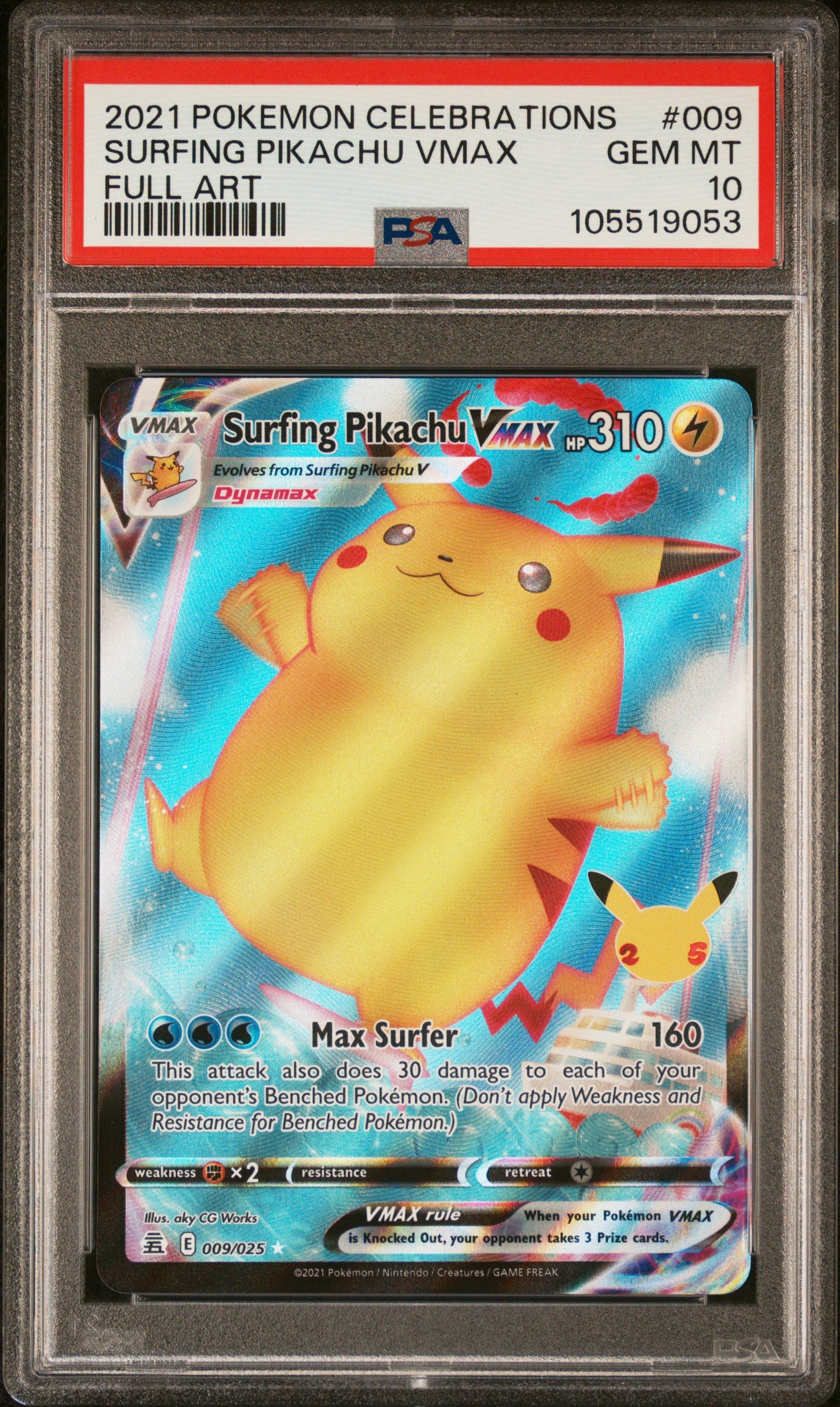 SURFING PIKACHU VMAX 9/25 Common POKEMON CELEBRATIONS FULL ART PSA10 GEM MT 10 PSA population 3772 <a href=https://www.psacard.com/cert/105519053/psa>https://www.psacard.com/cert/105519053/psa</a>