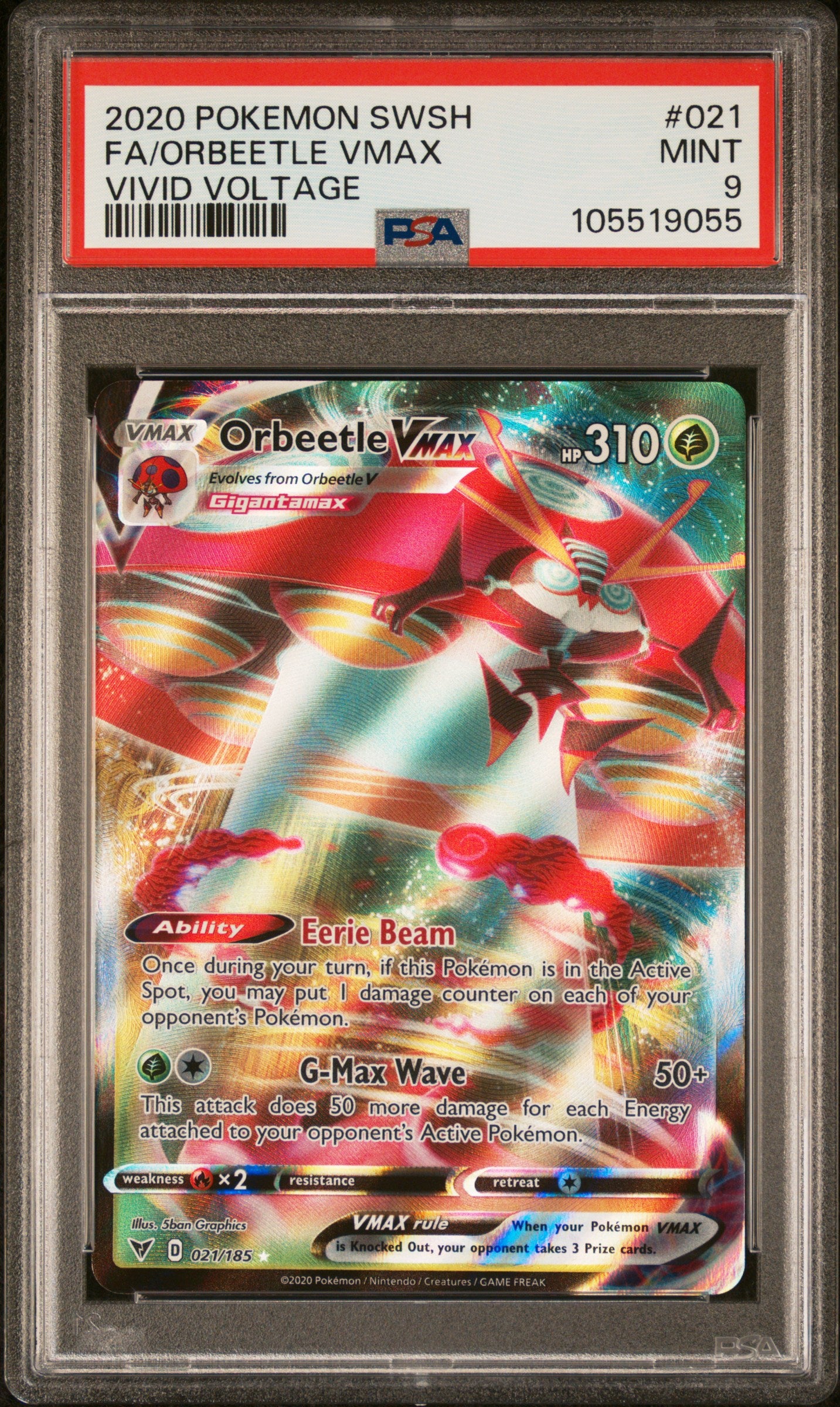 FA/ORBEETLE VMAX 21/185 Common POKEMON SWORD & SHIELD VIVID VOLTAGE VIVID VOLTAGE PSA9 MINT 9 PSA population 327 <a href=https://www.psacard.com/cert/105519055/psa>https://www.psacard.com/cert/105519055/psa</a>