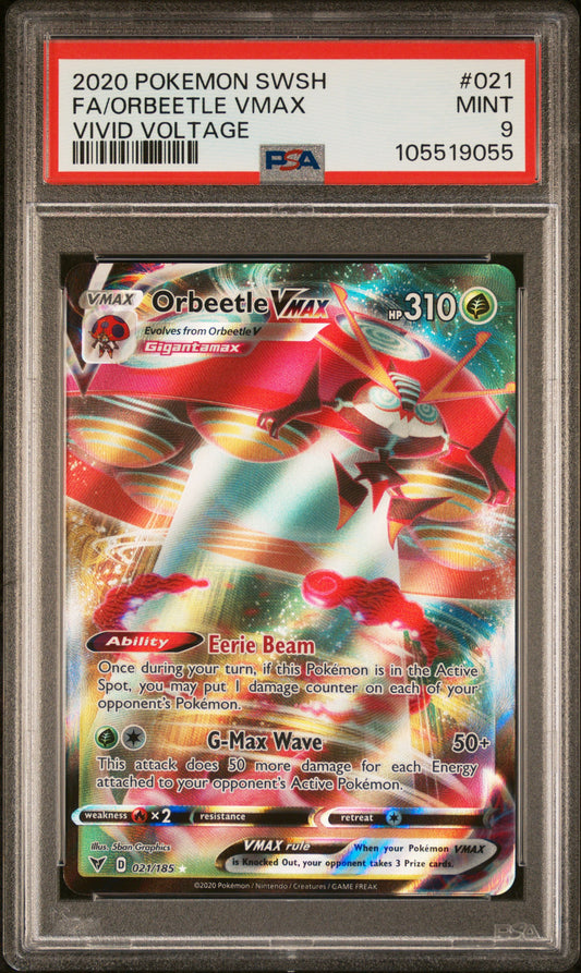 FA/ORBEETLE VMAX 21/185 Common POKEMON SWORD & SHIELD VIVID VOLTAGE VIVID VOLTAGE PSA9 MINT 9 PSA population 327 <a href=https://www.psacard.com/cert/105519055/psa>https://www.psacard.com/cert/105519055/psa</a>