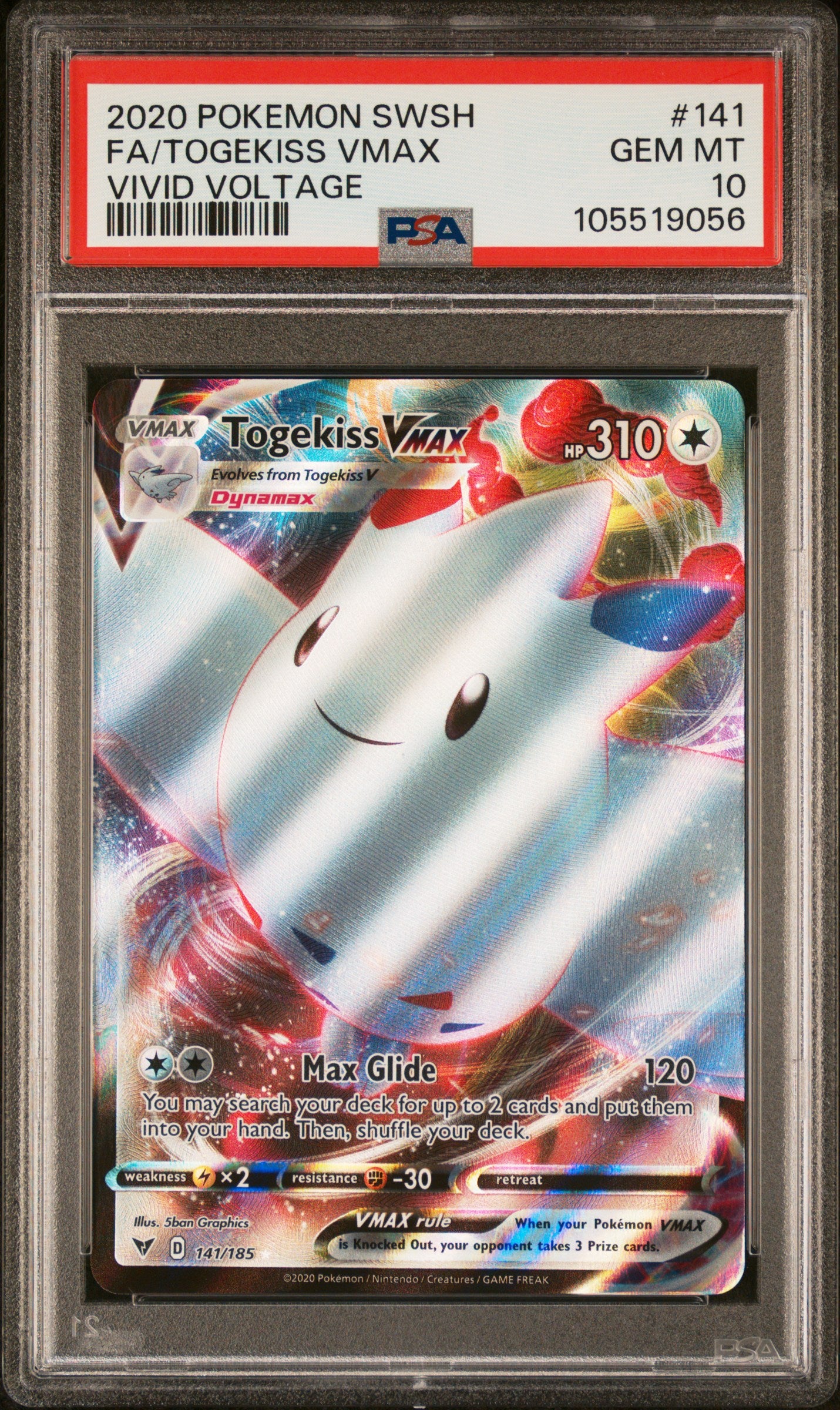 FA/TOGEKISS VMAX 141/185 Common POKEMON SWORD & SHIELD VIVID VOLTAGE VIVID VOLTAGE PSA10 GEM MT 10 PSA population 1159 <a href=https://www.psacard.com/cert/105519056/psa>https://www.psacard.com/cert/105519056/psa</a>