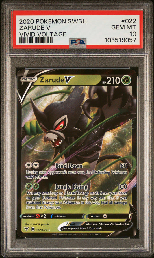 ZARUDE V 22/185 Common POKEMON SWORD & SHIELD VIVID VOLTAGE VIVID VOLTAGE PSA10 GEM MT 10 PSA population 369 <a href=https://www.psacard.com/cert/105519057/psa>https://www.psacard.com/cert/105519057/psa</a>