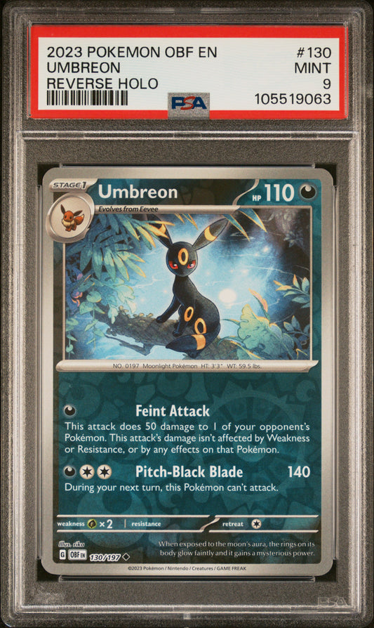 UMBREON 130/197 Common POKEMON OBF EN-OBSIDIAN FLAMES REVERSE HOLO PSA9 MINT 9 PSA population 211 <a href=https://www.psacard.com/cert/105519063/psa>https://www.psacard.com/cert/105519063/psa</a>