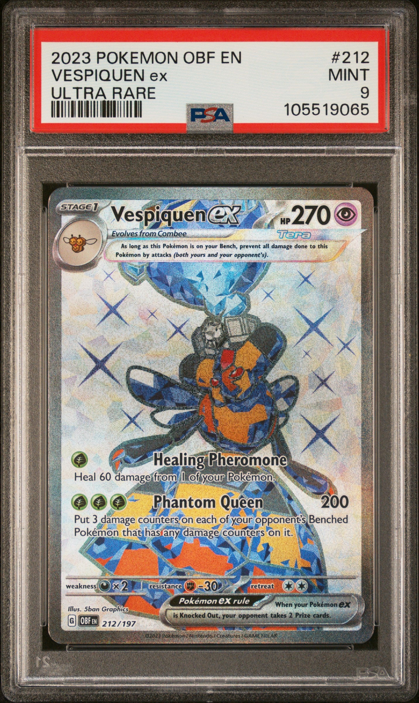 VESPIQUEN EX 212/197 Common POKEMON OBF EN-OBSIDIAN FLAMES ULTRA RARE PSA9 MINT 9 PSA population 280 <a href=https://www.psacard.com/cert/105519065/psa>https://www.psacard.com/cert/105519065/psa</a>