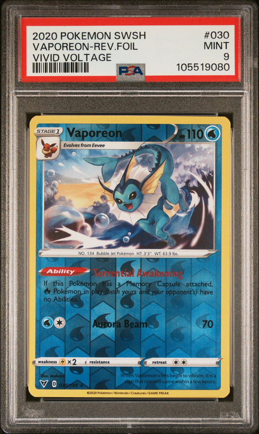 VAPOREON-REV.FOIL 30/185 [Reverse Holo]  POKEMON SWORD & SHIELD VIVID VOLTAGE VIVID VOLTAGE PSA9 MINT 9 PSA population 147 <a href=https://www.psacard.com/cert/105519080/psa>https://www.psacard.com/cert/105519080/psa</a>