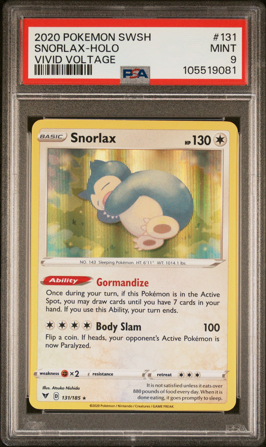 SNORLAX-HOLO 131/185 [Holo] POKEMON SWORD & SHIELD VIVID VOLTAGE VIVID VOLTAGE PSA9 MINT 9 PSA population 375 <a href=https://www.psacard.com/cert/105519081/psa>https://www.psacard.com/cert/105519081/psa</a>