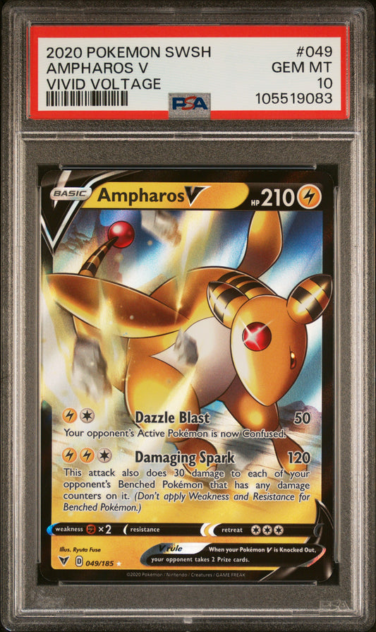 AMPHAROS V 49/185 Common POKEMON SWORD & SHIELD VIVID VOLTAGE VIVID VOLTAGE PSA10 GEM MT 10 PSA population 478 <a href=https://www.psacard.com/cert/105519083/psa>https://www.psacard.com/cert/105519083/psa</a>